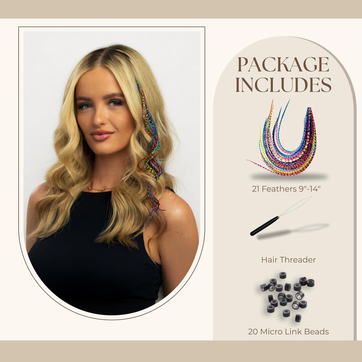 21 natural color hair extensions, 9-14 inches, packaged with hair threader and micro link beads for easy styling.
