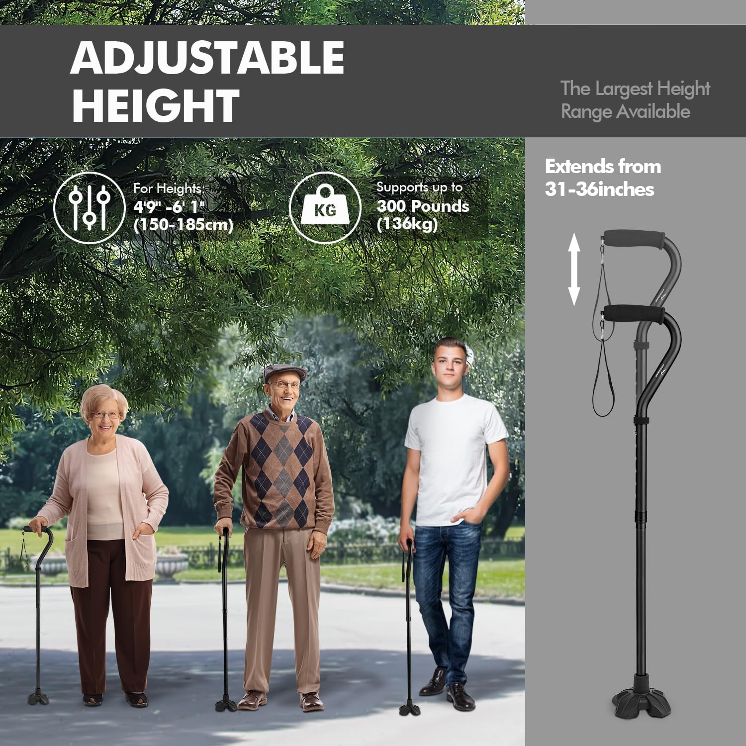 Buy now KINGGEAR F1 Walking Stick, Walking Cane for Women & Men, Self Standing Walkers for Seniors with Wrist Strap, Lightweight & Sturdy Offset EVA Handle and Large Quad Base at indiglob india