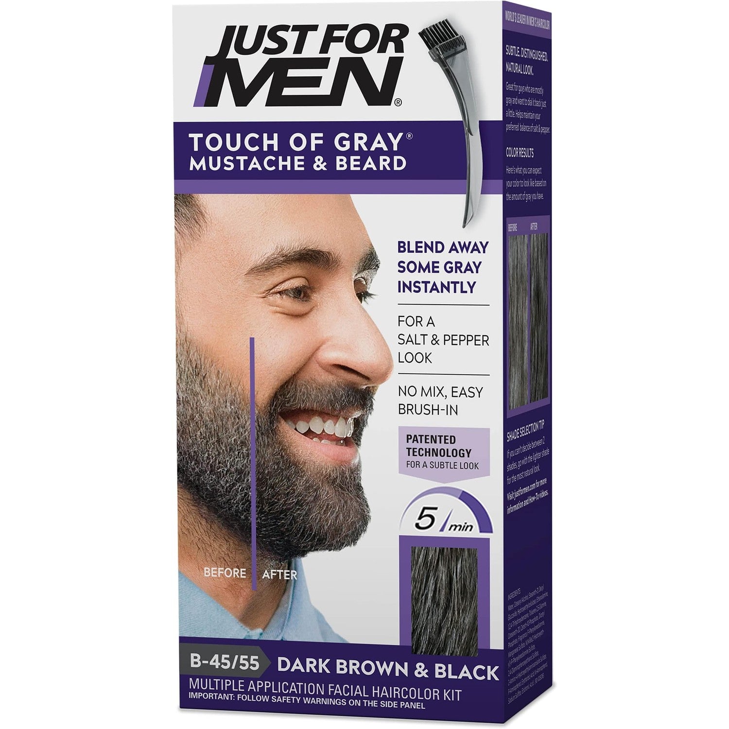 JUST FOR MEN Touch of Gray Mustache & Beard, Dark Brown & Black (1 Pack) | Touch of Gray Mustache & Beard dark brown/black instantly blends away gray for subtle salt & pepper look. Easy application.