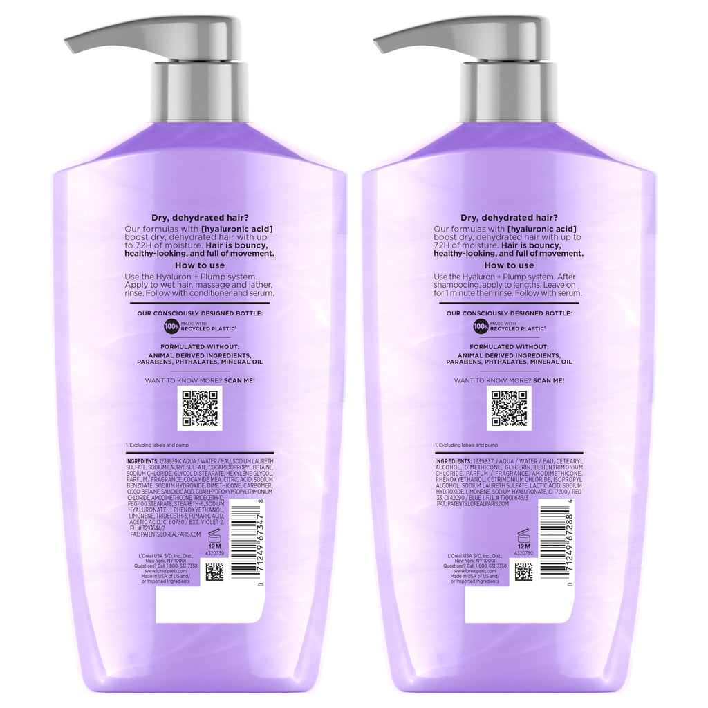 L'Oreal Paris Elvive Hyaluron Plump Shampoo and Conditioner Set for Dry, Dehydrated Hair, 72H Hydrating Hair Care, Infused with Hyaluronic Acid Complex, 53 Fl Oz Set