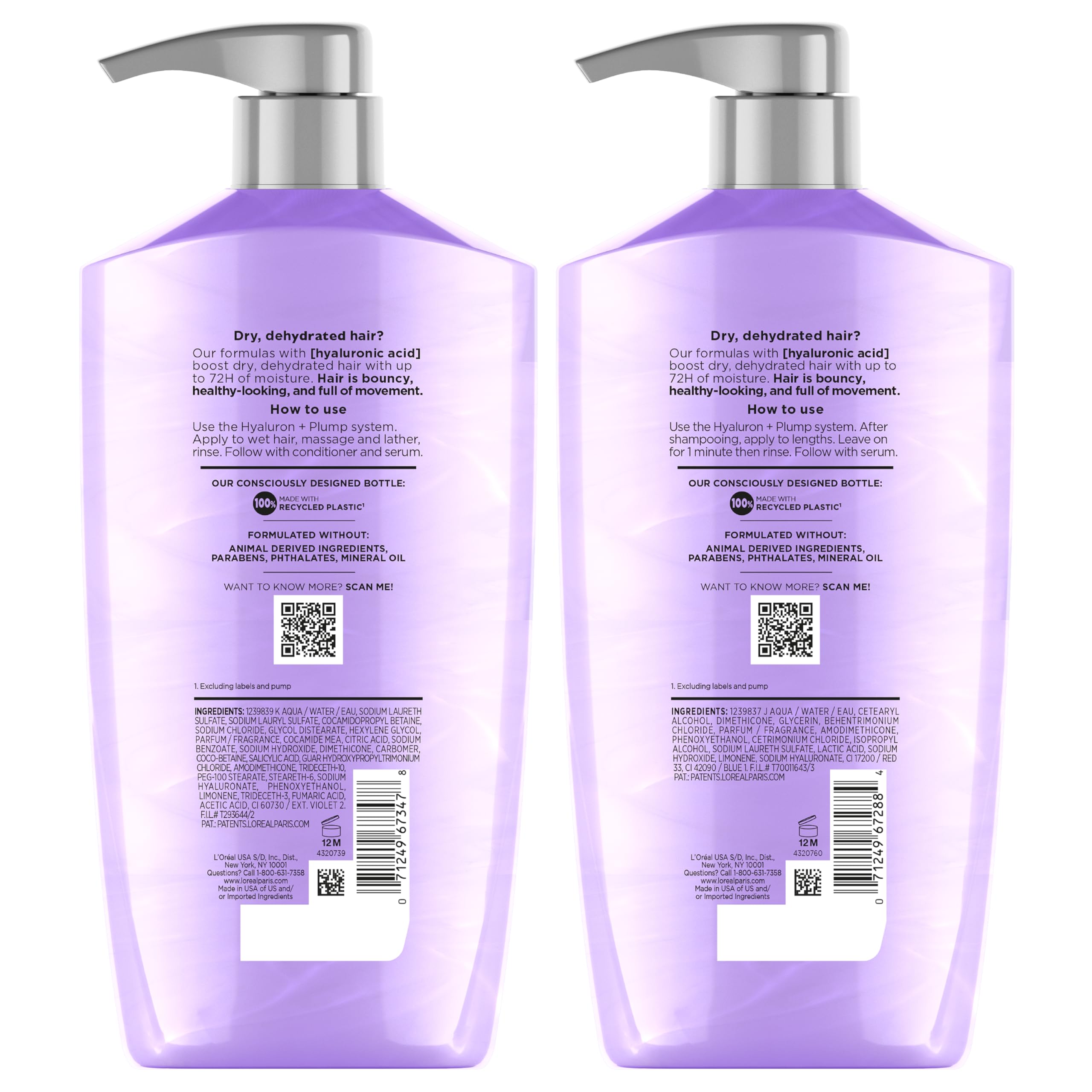 L'Oreal Paris Elvive Hyaluron Plump Shampoo and Conditioner Set for Dry, Dehydrated Hair, 72H Hydrating Hair Care, Infused with Hyaluronic Acid Complex, 53 Fl Oz Set