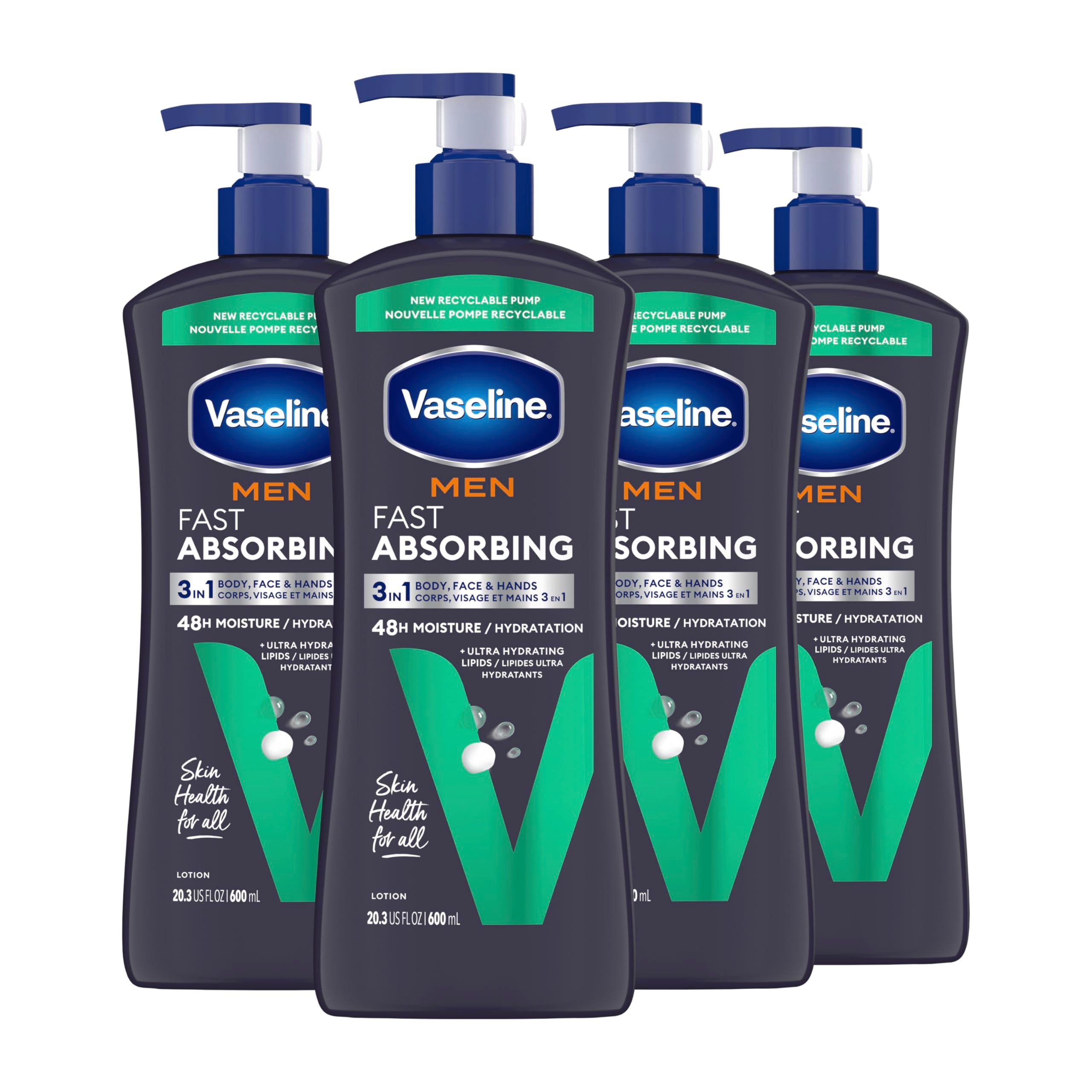Vaseline Men Fast Absorbing 3in1 Hand, Body & Face Lotion 20.3oz 3ct | Body moisturizer for men provides 48HR moisture, restores skin hydration, absorbs fast with a non-greasy feel, for dry skin