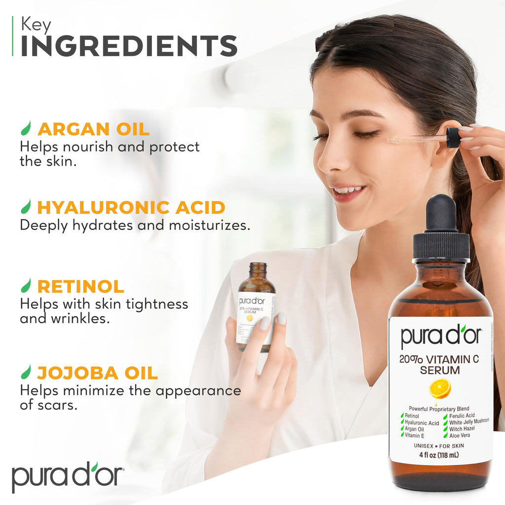 Buy now PURA D'OR 20% Vitamin C Facial Serum 4 Oz - Antioxidant Blend with Retinol, Hyaluronic Acid, Vitamin E & Ferulic Acid - Hydrating Lightweight Skincare Formula - Men and Women Daily Use Skin Care Plus at indiglob india