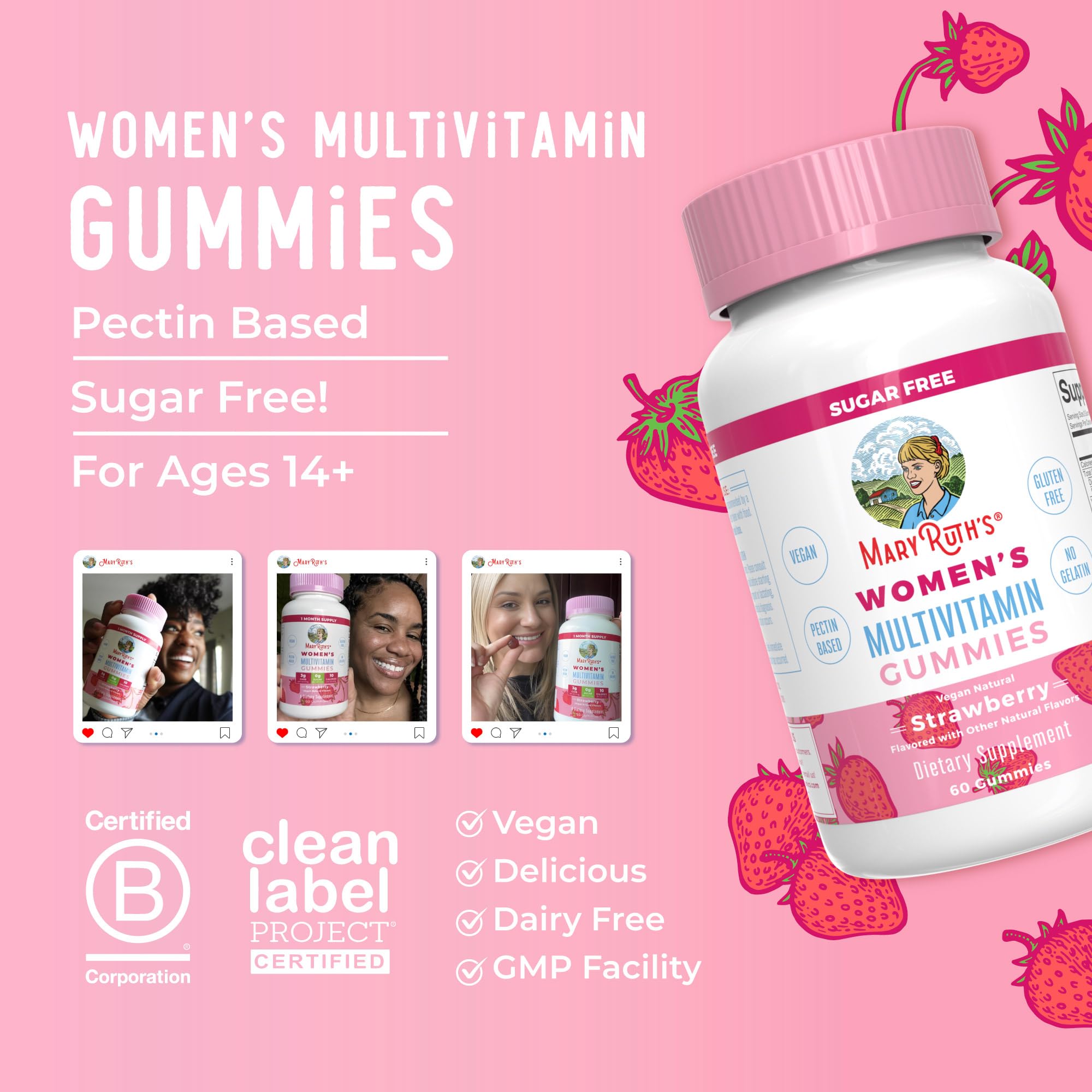 MaryRuth Organics Women's Immune Support Multivitamin Gummies | Ages 14+ | Skin Health | Gummy Vitamins for Women | Sugar-Free | Vegan | Non-GMO | 60 Count | Sugar Free, Vegan, 60 Count