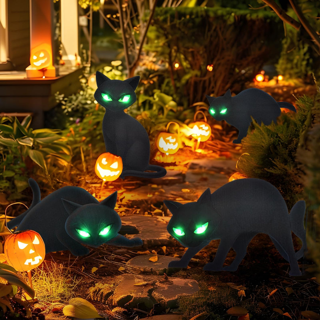 Lighted Black Cat Decor Yard Signs, 4 PCS Halloween Decorations Outdoor Scary Black Cat with LED Lights Glow Eyes for Lawn Garden Yard Stakes Outside Halloween Decoration Decor Clearance