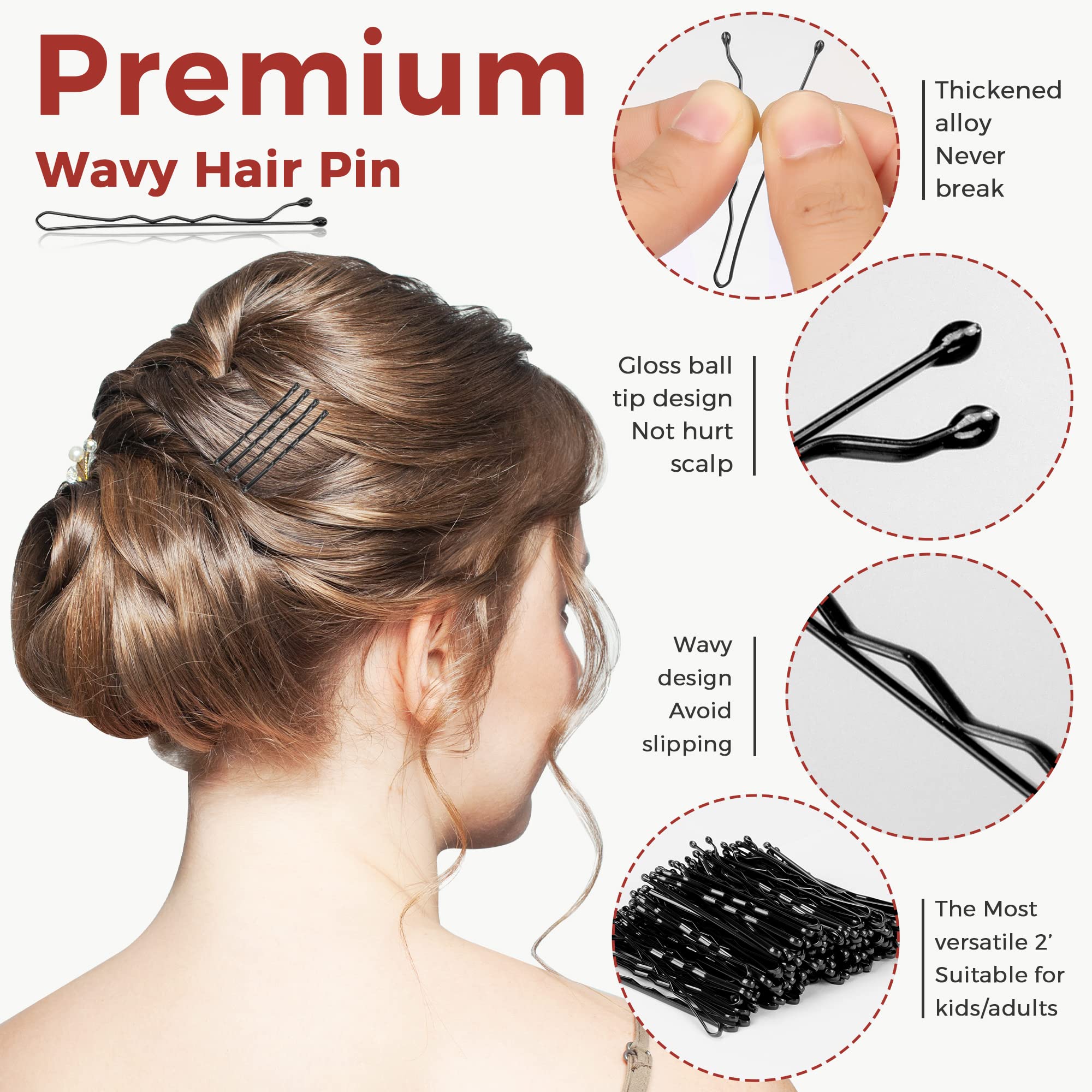 300 Pcs Bobby Pins Black, Hair Pins for Women Girls and Kids, Invisible Wave Hair clips Bulk with Storage box, Pain-Free Hairpins（2 Inch Black）