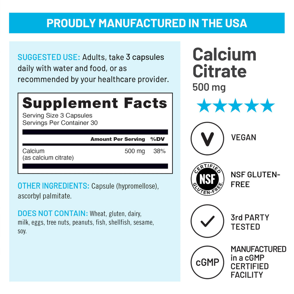 NatureWise Calcium Citrate 500mg Capsules - Supplement for Bone Health - Easy to Digest & Absorb - Vegan, Non-GMO, Gluten-Free - 90 Count[30-Day Supply]