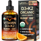 Vitamin D3 K2 USDA Organic Drops - Vitamin D3 10000 IU & K2 120mcg - 2 OZ | Immune & Mood Support, Bone & Teeth Health - Sugar-Free, Orange Flavor - Liquid Supplement for Men & Women - 60-Day Supply