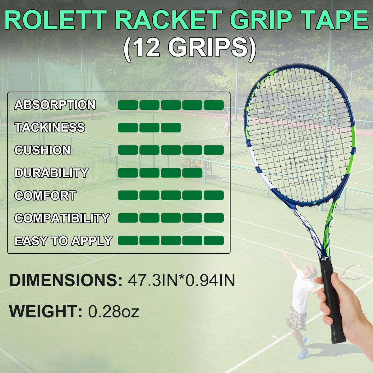 Rolett 12 Pack Tennis Racket Grip Tape, Precut Anti Slip Tennis Grip Tape