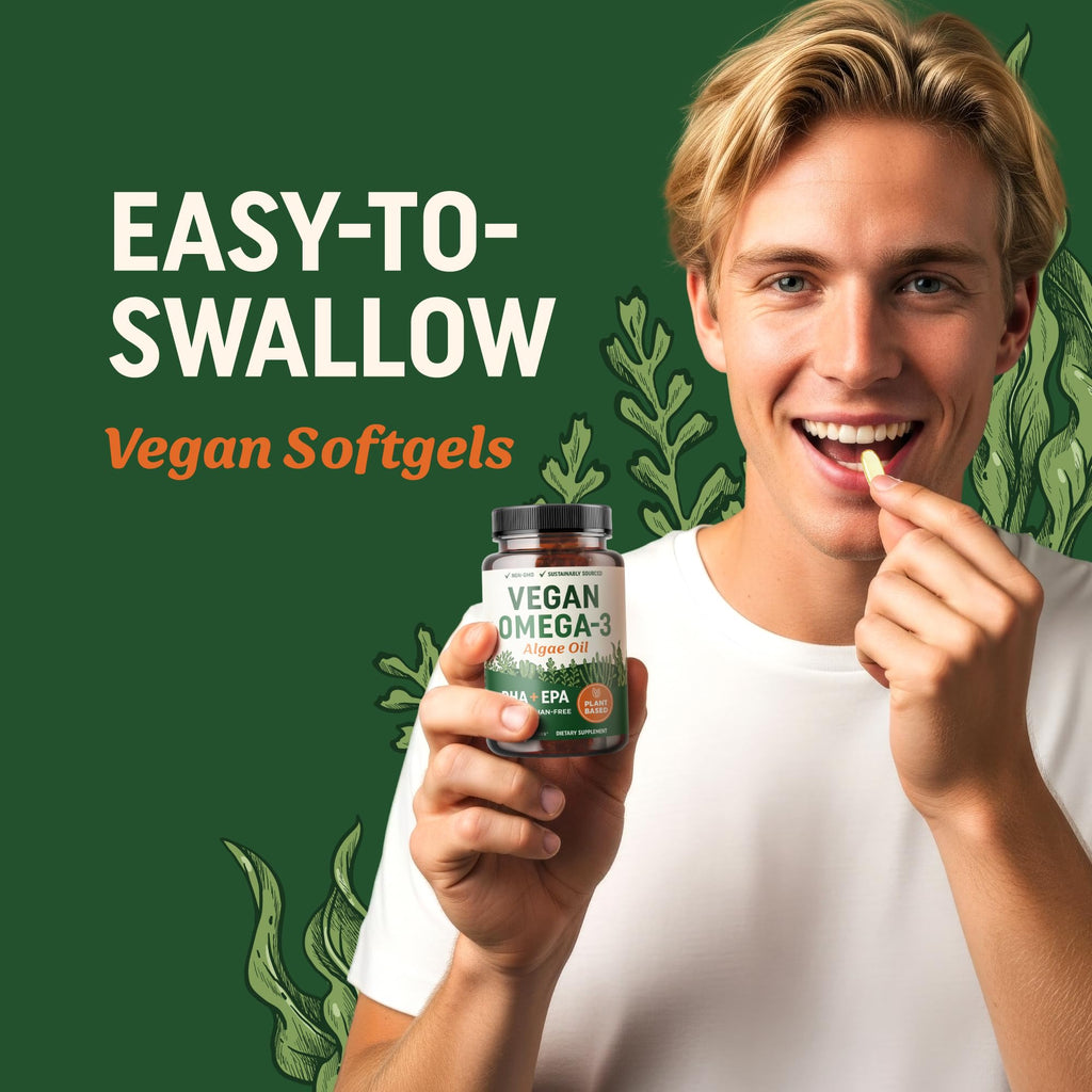 Vegan Omega 3 Algae Oil, Plant Based DHA EPA, Sustainably Sourced, Non-GMO | Carrageenan-Free, Heart Brain & Eye Health Support, Fish Oil Alternative, Omega 3 Fatty Acid Supplements, 60 Vegan Softgels