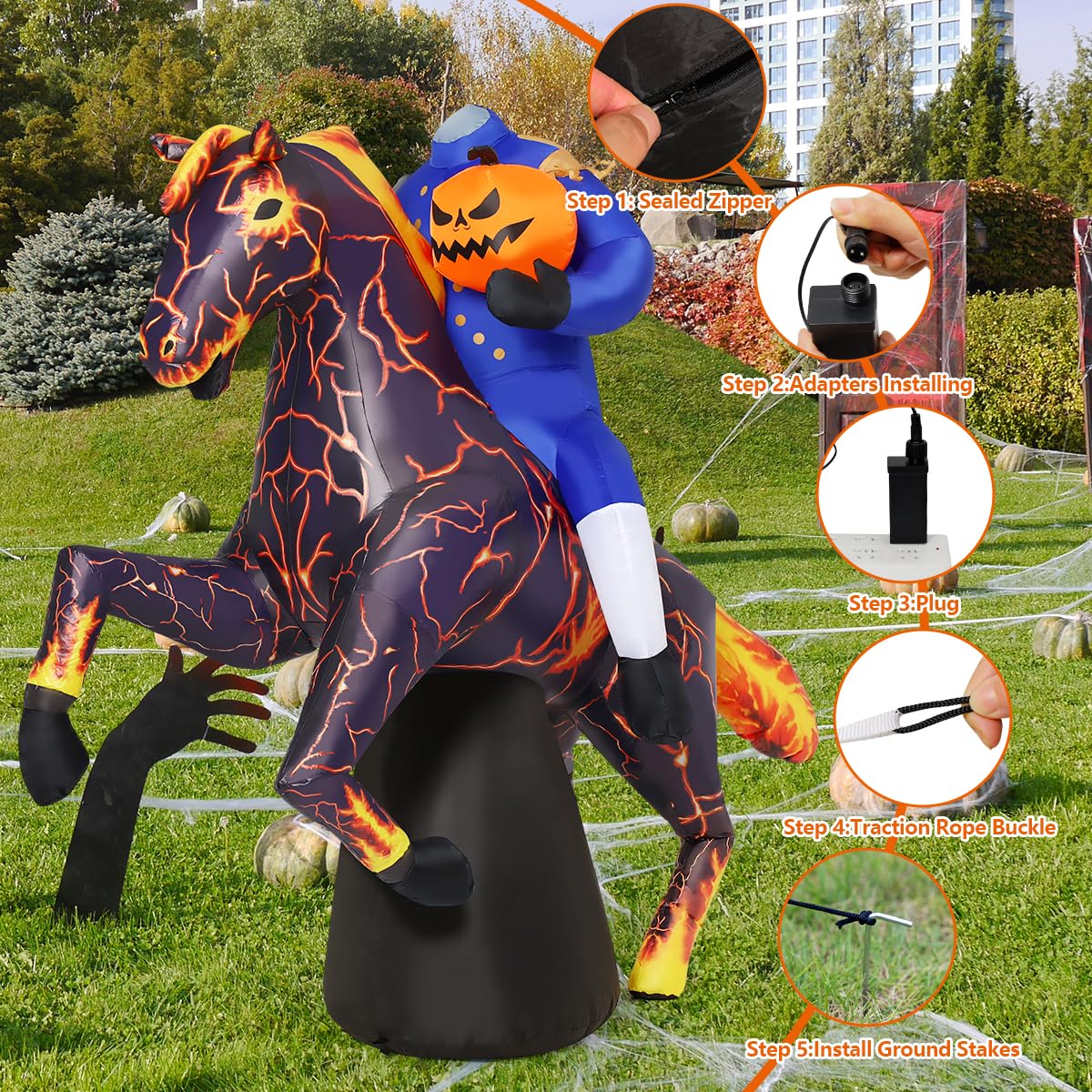 COMIN 6FT Long Halloween Inflatables Headless Horseman Outdoor Decorations Blow Up Lightning Horse Yard with Built-in LEDs for Indoor Party Garden Lawn Decor