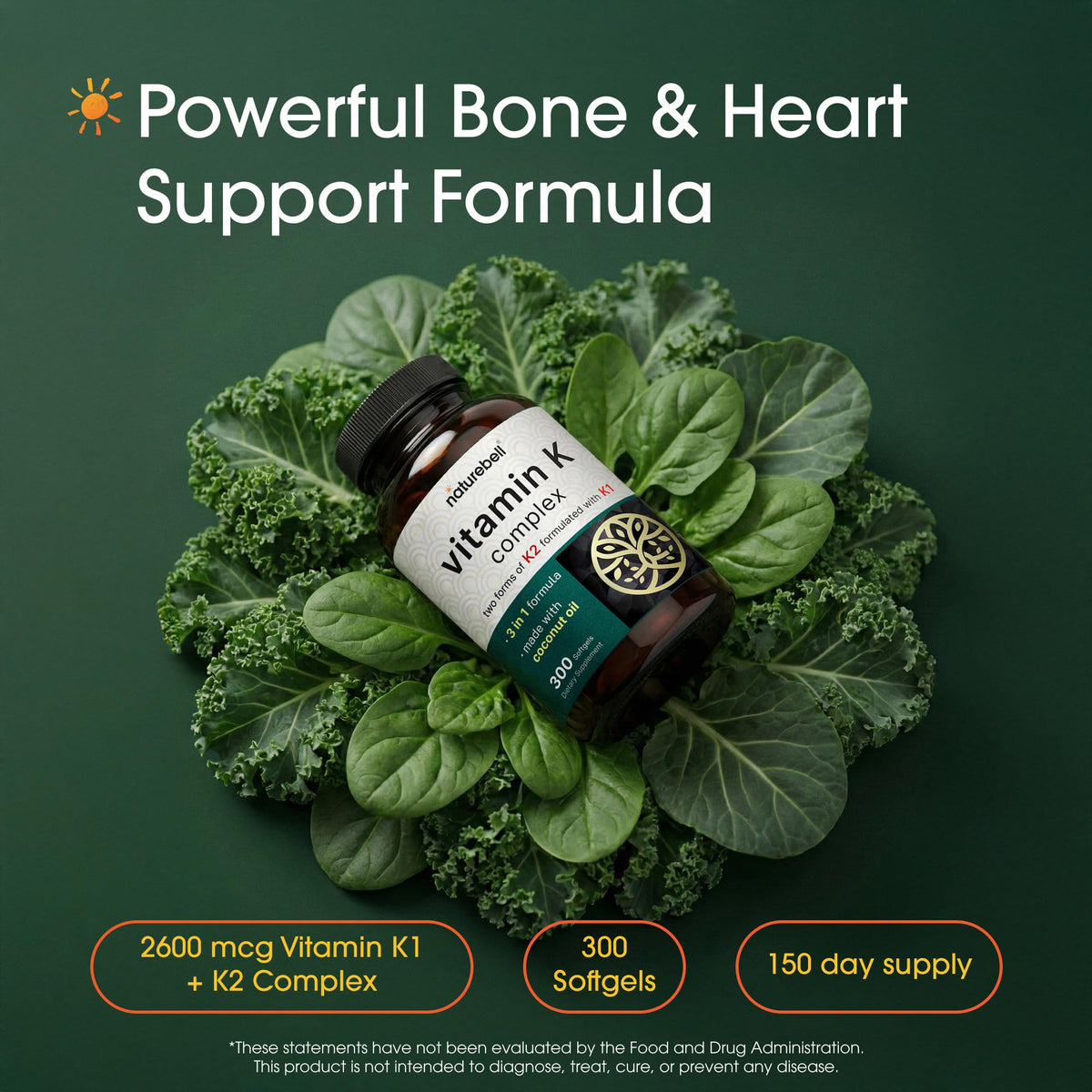 NatureBell Vitamin K Complex 2,600mcg, 300 Softgels