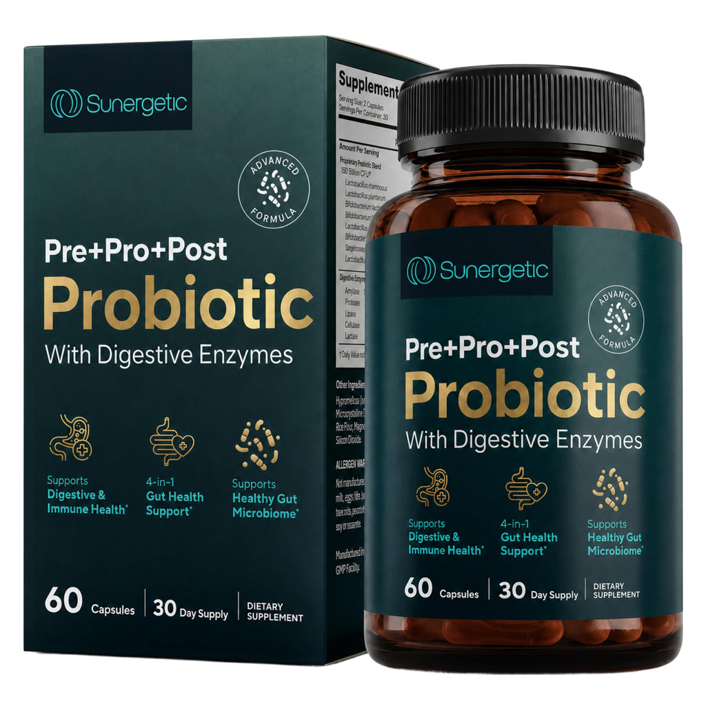4-in-1 Probiotic Prebiotic & Postbiotic with Digestive Enzymes, 60 Capsules | Daily tribiotic for men & women with DE111, PreforPro, dried yeast fermentate & enzymes; 30 servings, no refrigeration