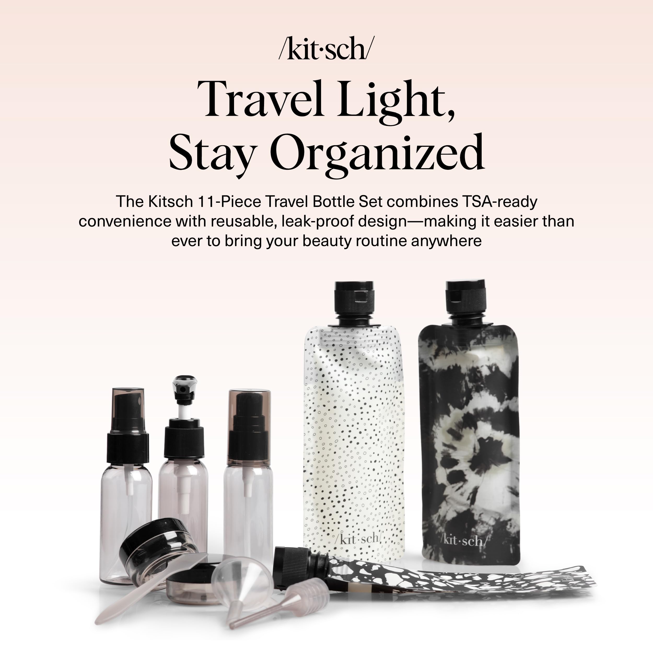 Buy now Kitsch 11 PCS Travel Bottles for Toiletries â€“ Travel Essentials Kit for Shampoo, Conditioner, Lotion & More - TSA Approved Travel Bottles, Leak-Proof Refillable Travel Size Containers - Black & Ivory at indiglob india