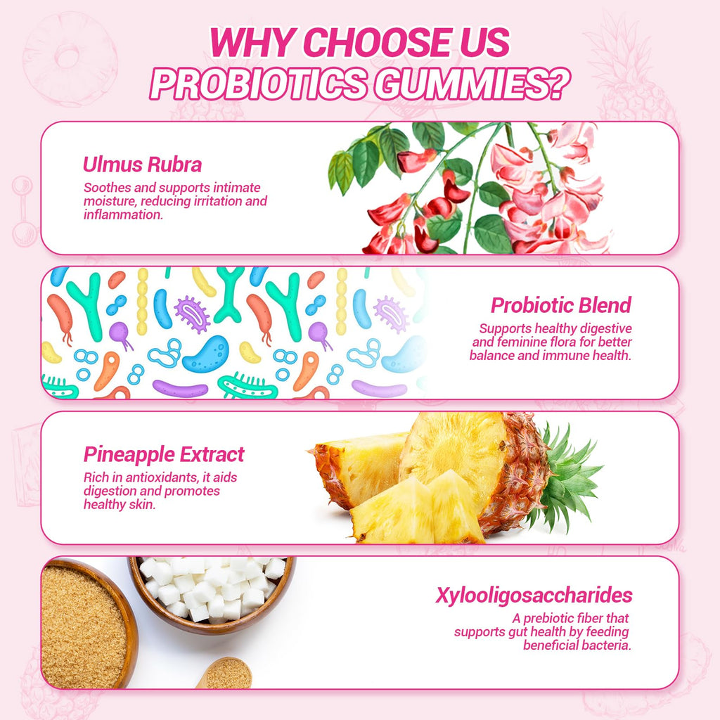 BURMINY Her Juicy Feminine Probiotics Gummies, Premium Feminine Balance Probiotics with Slippery Elm for Women's pH Balance and Freshness – Support Daily Wellness & Comfort 120 Pineapple Gummies