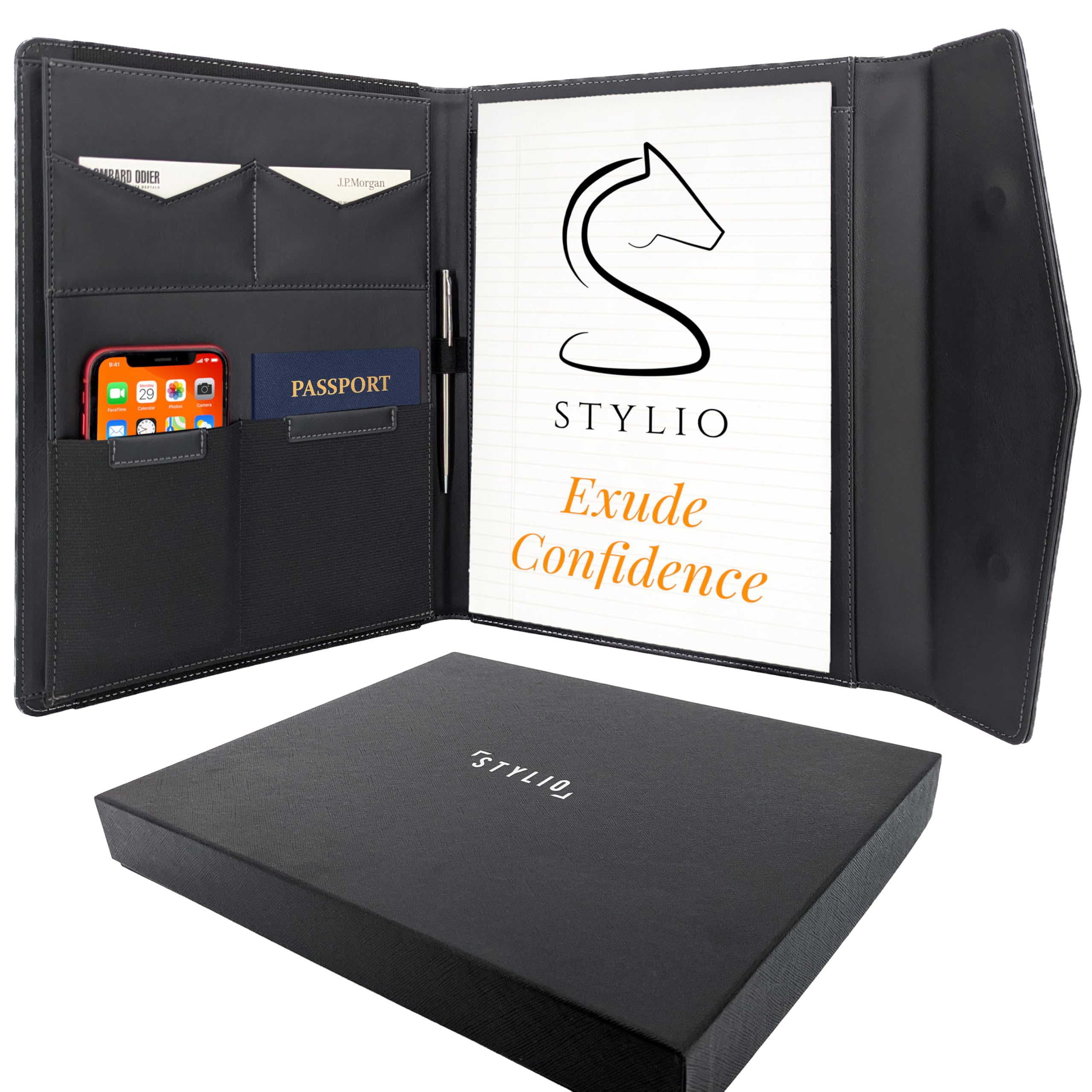 Buy now STYLIO Padfolio Portfolio Organizer Binder | Interview Resume Folder, Legal Document, Business Card Holder |w/Letter-Sized Notepad | Handsome Piano Noir Faux Leather Folio Matte Finish, Accent Stitch Padfolio w Magnetic Clasp (12.5" x 10.2" x 1.6") Black at indiglob india