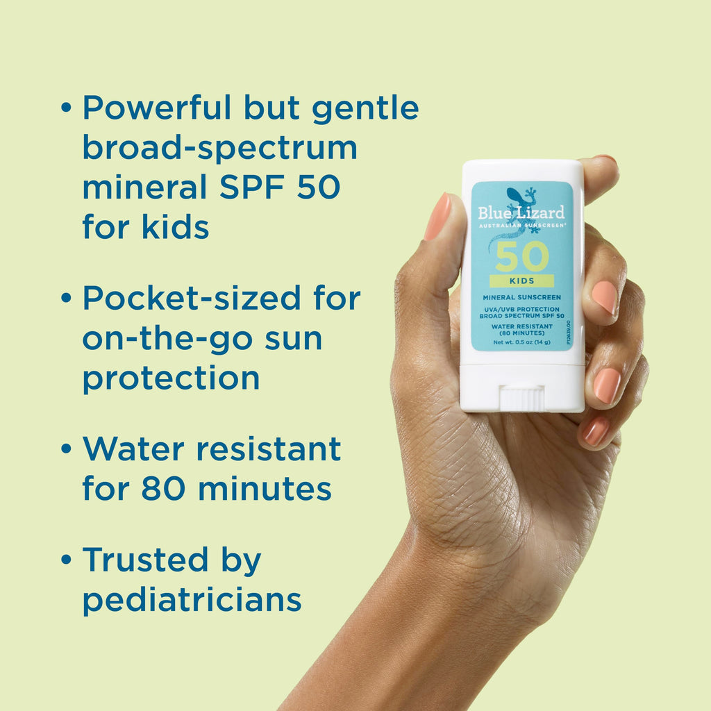 Blue Lizard Kids Mineral SPF 50 Sunscreen Stick, Zinc Oxide, 100% Mineral Actives, Developed for Kids’ Sensitive Skin, TSA-Friendly, Vegan, Paraben-free, Fragrance-Free, 0.5 oz
