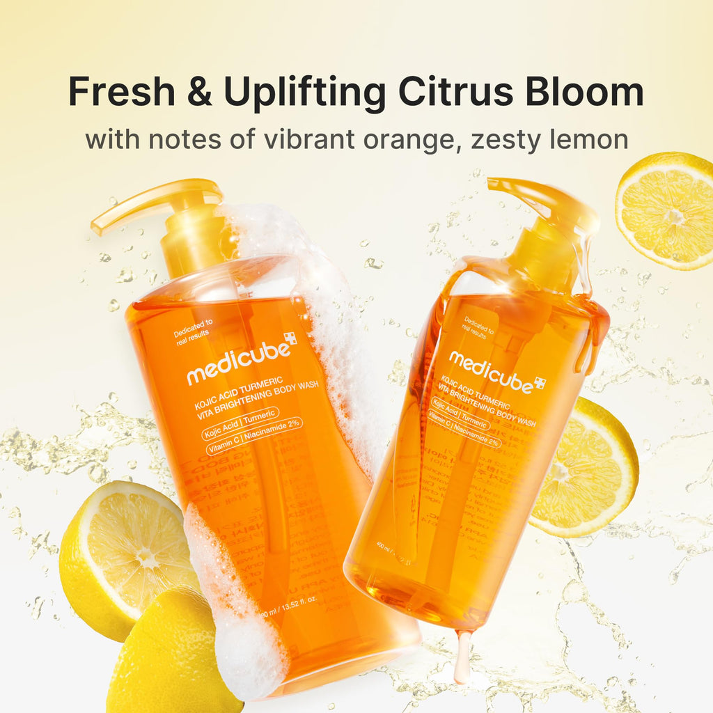 medicube Kojic Acid Turmeric Brightening Body Wash, 13.52 fl.oz | Shower Gel for Uneven Skin - Niacinamide, Vitamin C, AHA BHA, Deep Cleansing & Hydrating, Easy & Effective, 13.52 fl.oz