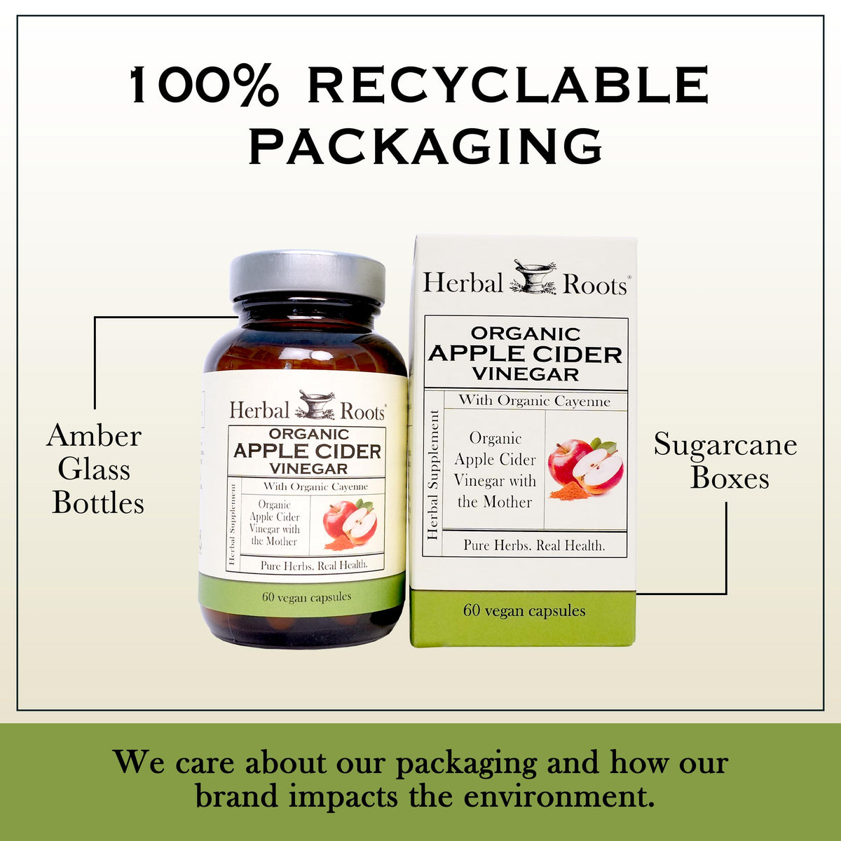 Herbal Roots Organic Apple Cider Vinegar Capsules with Mother - Pure Extra Strength - 60 Vegan Capsules