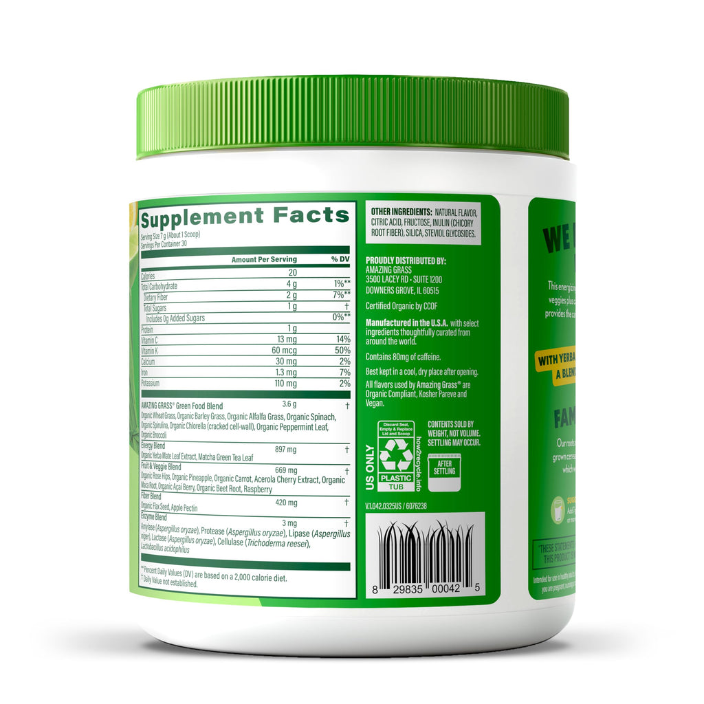 Amazing Grass Super Greens Powder Energy Lemon Lime, 30 Servings | Organic Energy Greens Powder with Plant-Based Caffeine, Yerba Mate & Green Tea Leaf for Sustained Energy & Focus