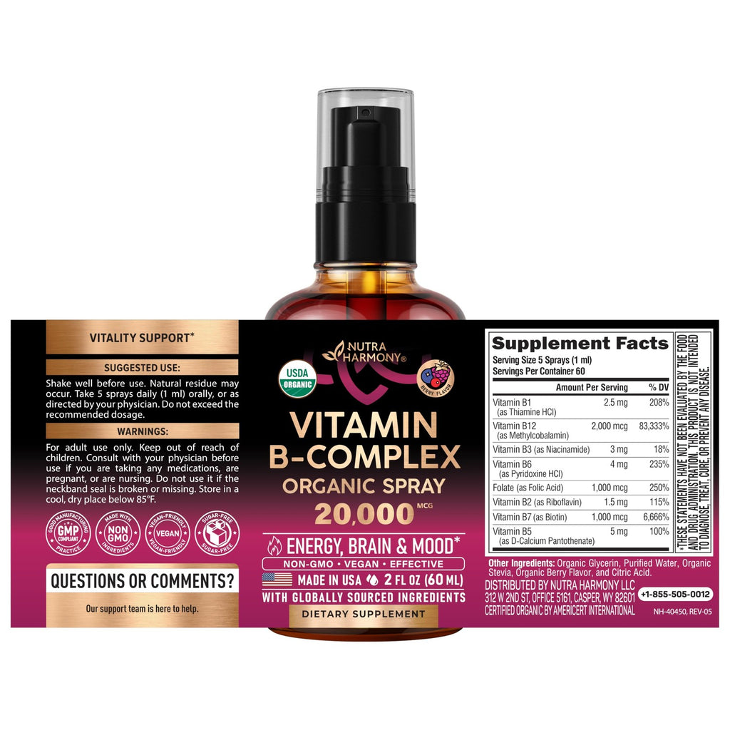 USDA Organic Vitamin B-Complex 20000mcg - B5, B12, B1, B6, B7, B9, B3 - 2Oz