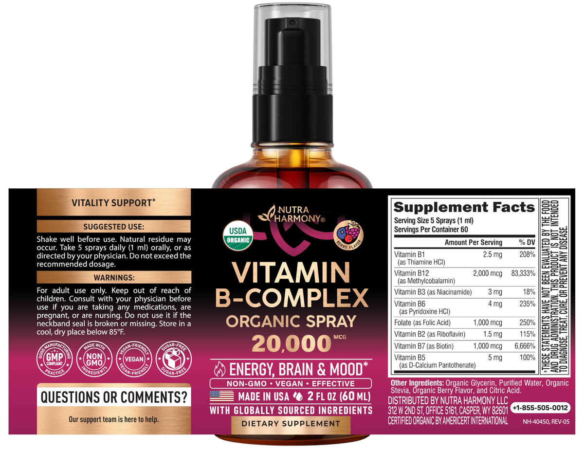 USDA Organic Vitamin B-Complex 20000mcg - B5, B12, B1, B6, B7, B9, B3 - 2Oz