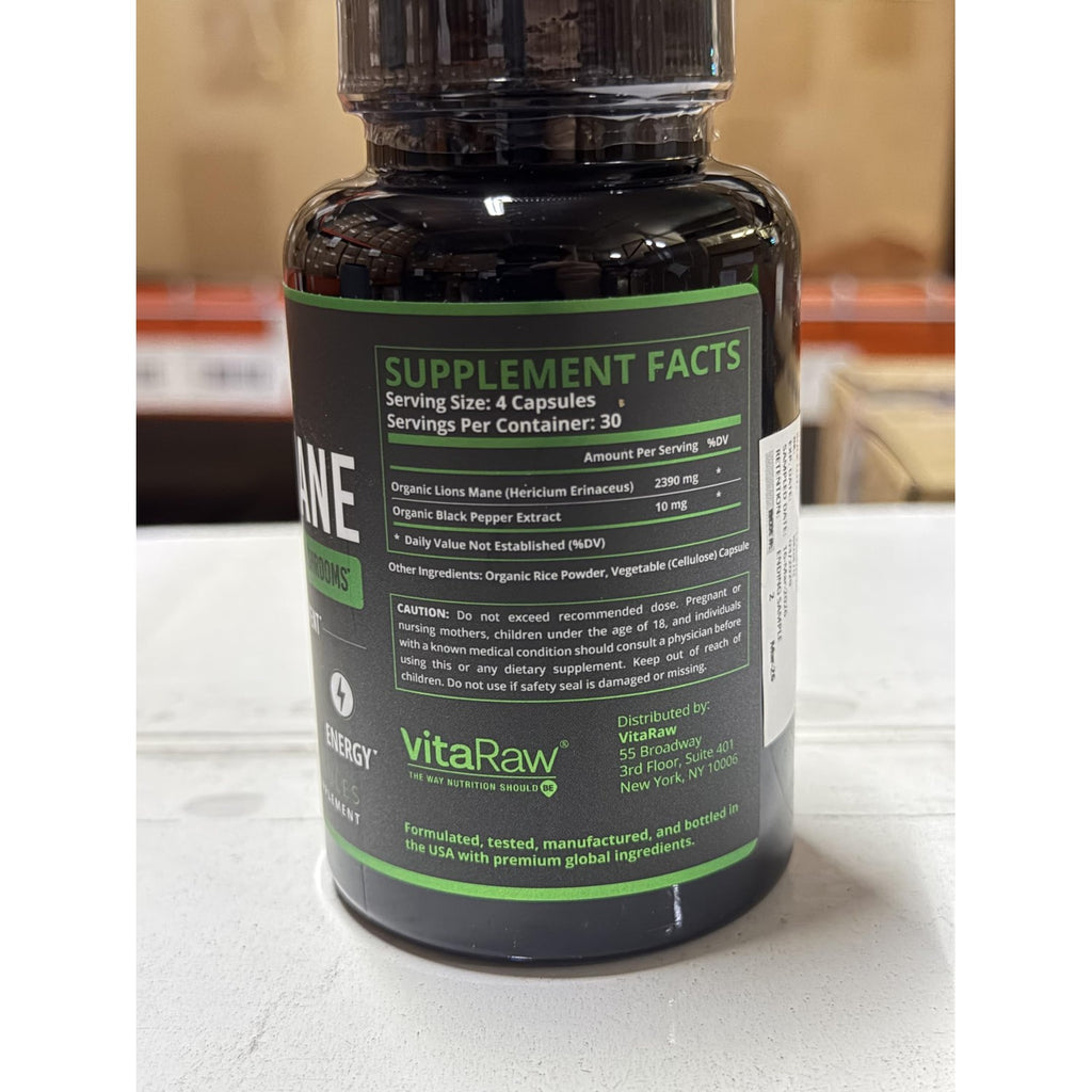 VitaRaw Organic Lions Mane Supplement Capsules 2400 mg - Powerful Nootropic - Helps Maintain Memory, Energy, and Mental Clarity - Vegan Brain Booster Focus Pills - Real Lion's Mane Supplement
