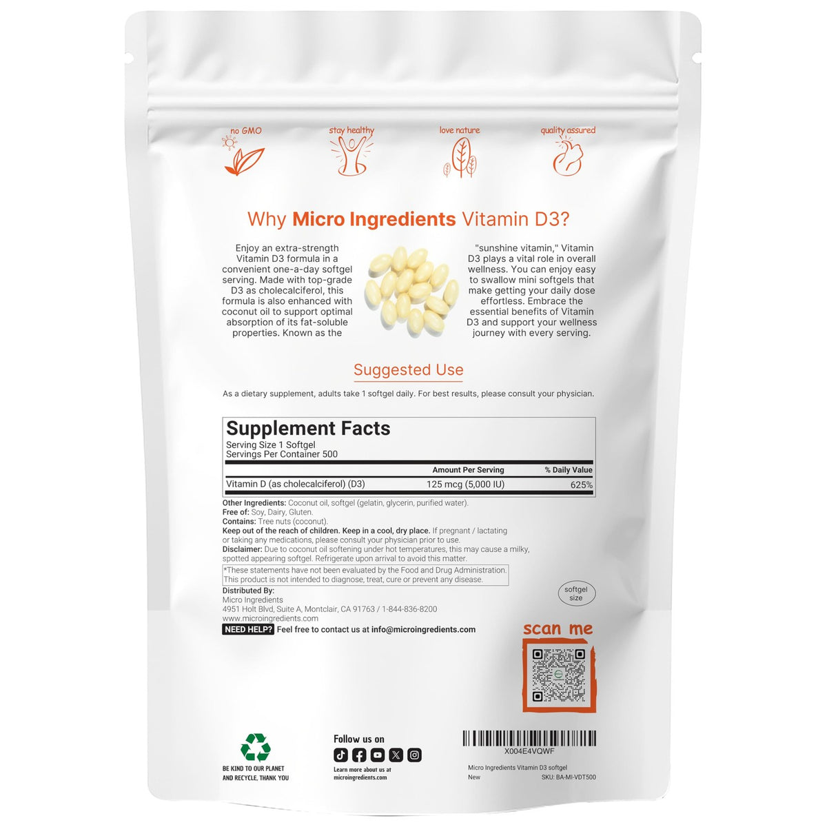 Micro Ingredients Vitamin D3 5,000 IU, 500 Softgels | Virgin Coconut Oil | Cholecalciferol Form | Bone, Immune & Heart Support | Easy to Swallow, Non-GMO
