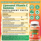 Liposomal Vitamin C 1000mg Gummies for Adults - Vitamin C Chewable with Elderberry, Zinc & 8mg Iron, Sugar Free Vit C Supplements, Daily Immune Support Gummies for Energy, Collagen Booster 60 Counts