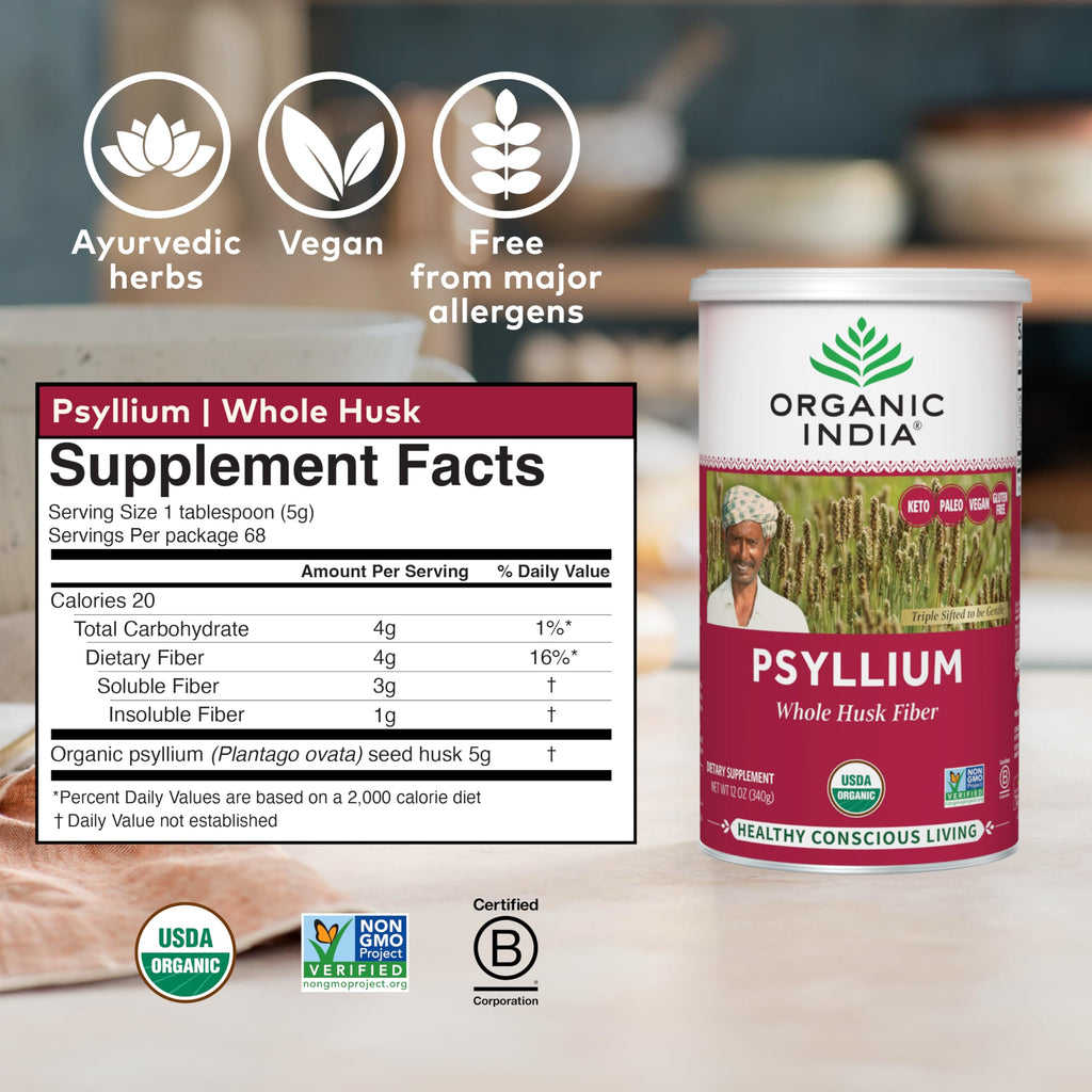 Organic India Psyllium Herbal Powder, Whole Husk Fiber Supplement, 12 oz