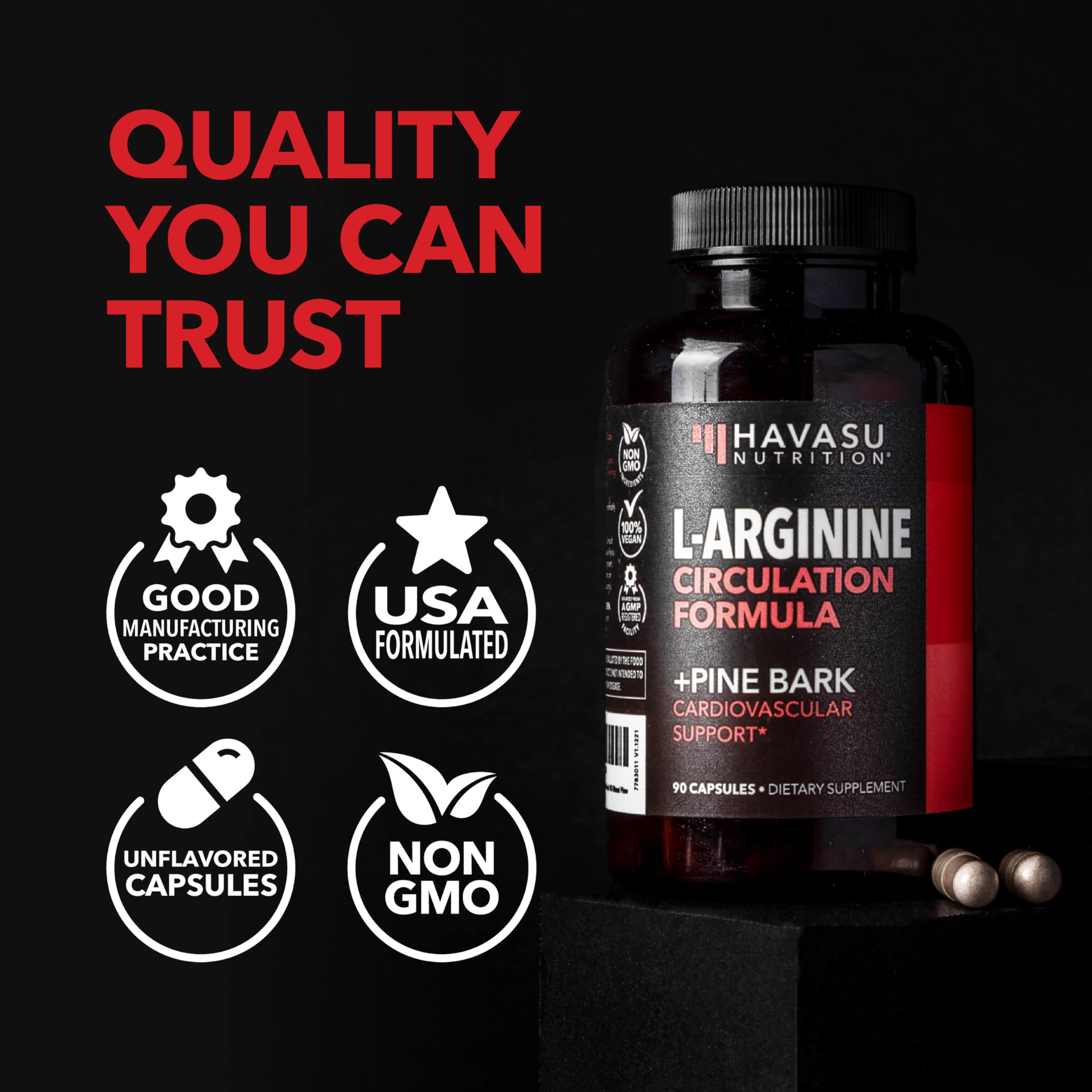 L-Arginine 1800mg with Pine Bark Extract 100mg Per Serving, 30 Servings | Nitric Oxide Supplement with Pine Bark and L-Arginine for Men, Performance Supplement for Men's Health, Vegan, 90 Count