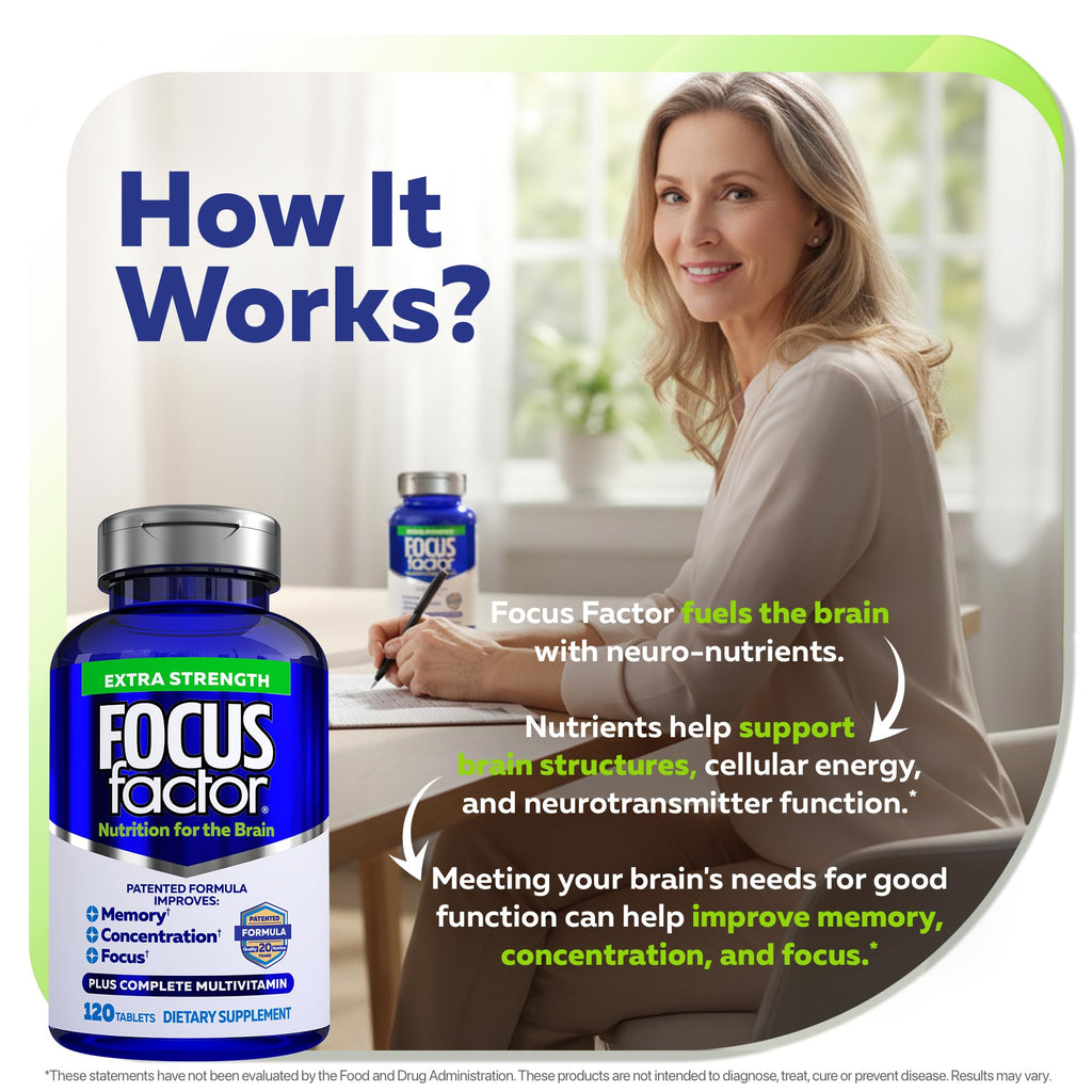 Focus Factor Adults Extra Strength, 120 Count - Brain Supplement for Memory, Concentration and Focus - Complete Multivitamin with DMAE, Vitamin D, DHA - Trusted Health Vitamins