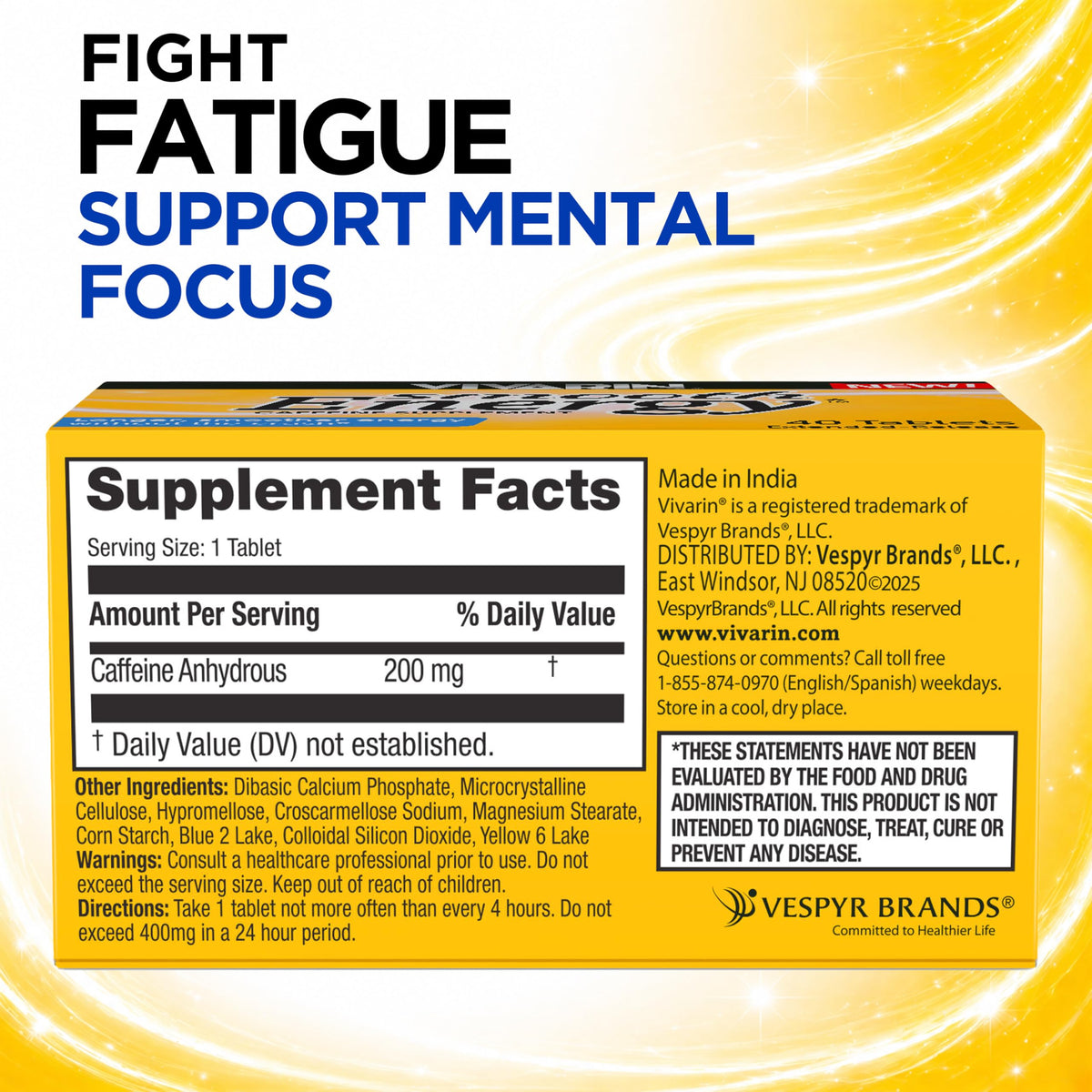 Vivarin Smooth Energy Extended Release Caffeine Tablets, 200mg, Focus, Alertness & Mental Clarity, Non-Habit Forming Energy Supplement, Sugar & Calorie Free, 40 Count