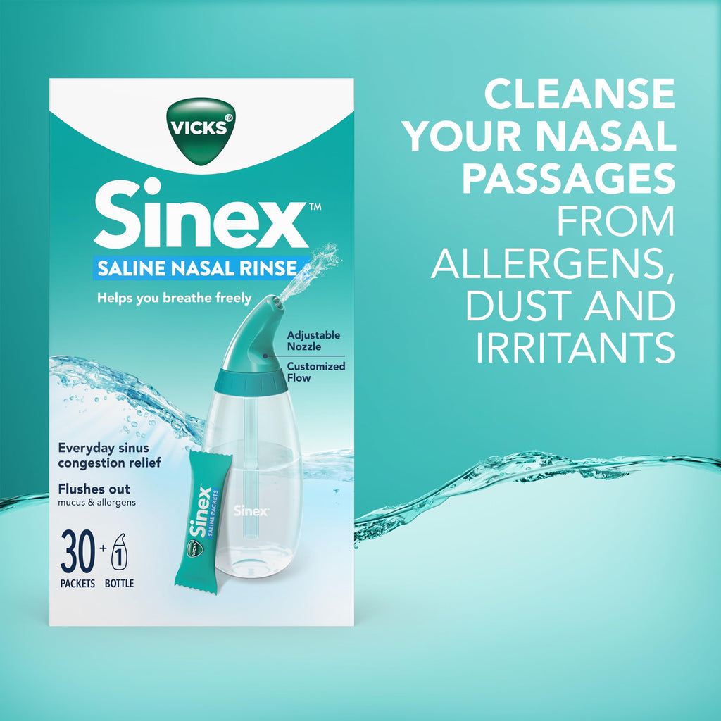 Buy now Vicks Sinex Saline Nasal Rinse Starter Kit, Drug Free Saline, Flush Out Mucus and Allergens, Fast & Effective Relief for Everyday Congestion from Sinus & Allergy, 1 Bottle + 30 Refill Packets at indiglob india