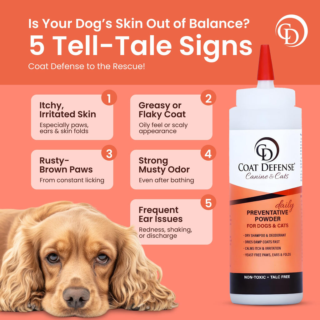 COAT DEFENSE Daily Preventative Powder | Made in USA | 9oz Precision Point Waterless Dog Shampoo & Pet Deodorizer for Smelly Dogs | Provides Anti Itch Relief | Dog Shampoo for Dry Itchy Skin