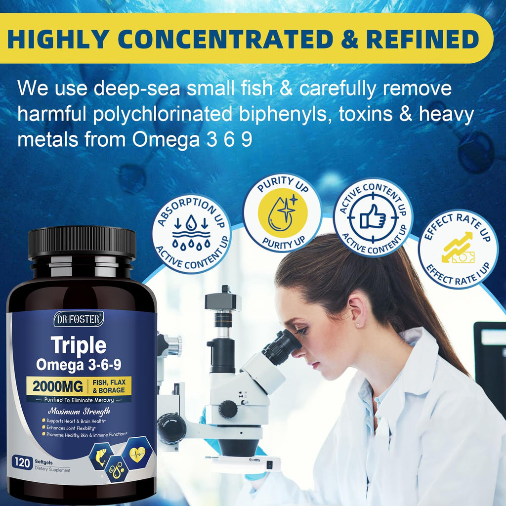 DRFOSTER Triple Omega 3-6-9 Fish Oil 2000mg with Vitamin E, 120 Softgels
