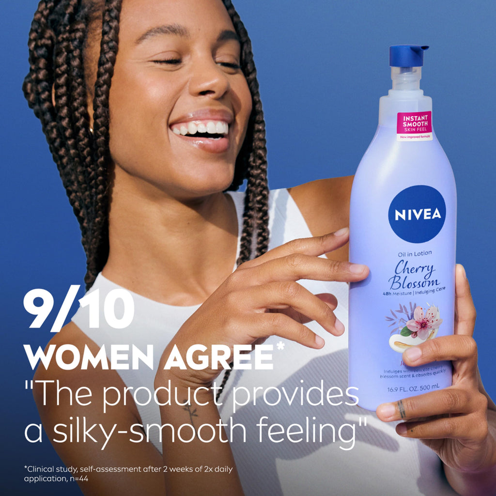 NIVEA Oil Infused Cherry Blossom and Jojoba Oil Body Lotion for Women, Fast-Absorbing and Non-Greasy Cherry Blossom Scented Lotion Moisturizes for 48 Hours, 16.9 Fl Oz Pump Bottle