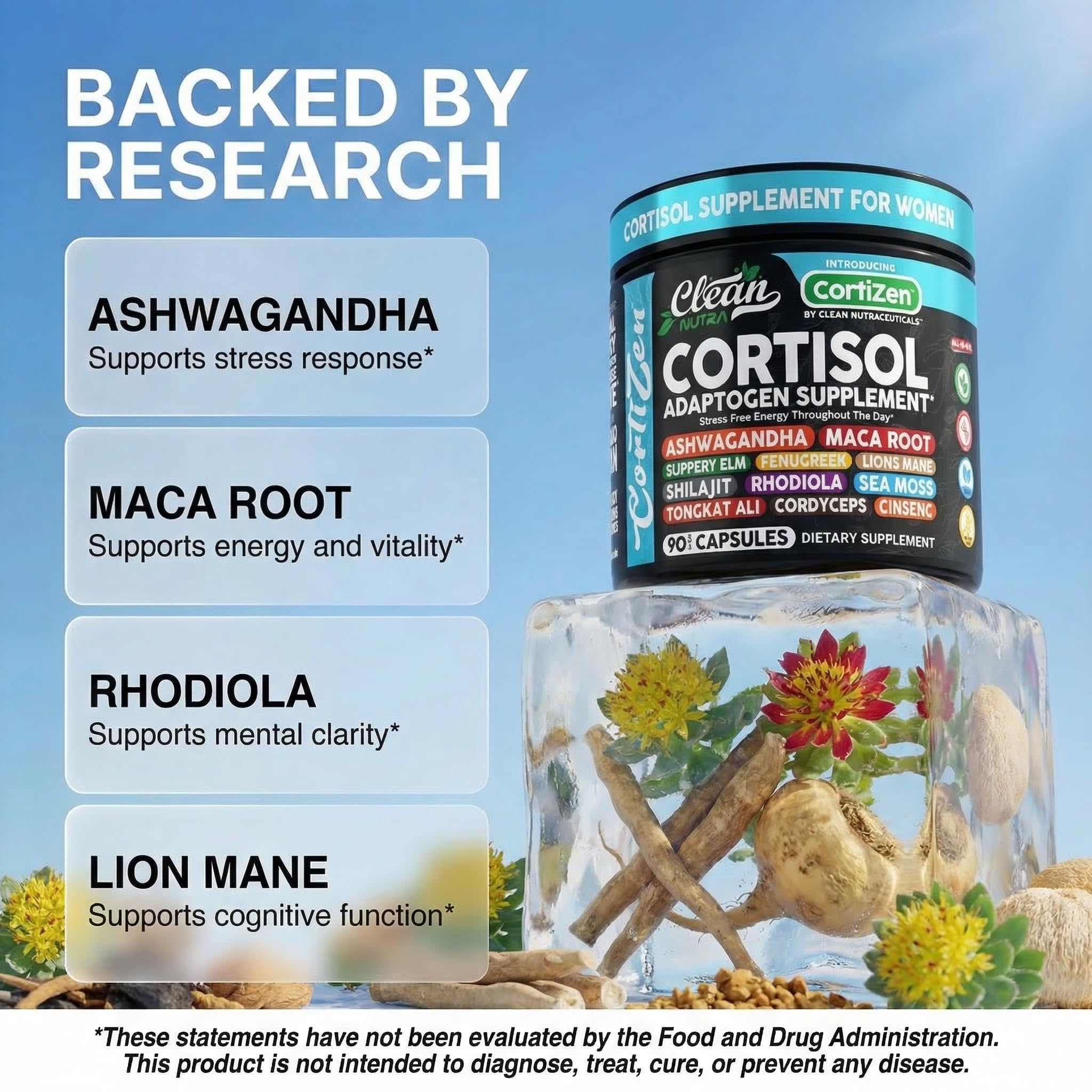 Clean Nutra Cortisol Supplements For Women | Maca Root Ashwagandha Cortisol Detox Manager Reducer + Slippery Elm Fenugreek Lions Mane Shilajit Rhodiola Sea Moss Tongkat Ali Cordyceps Ginseng Beet Root