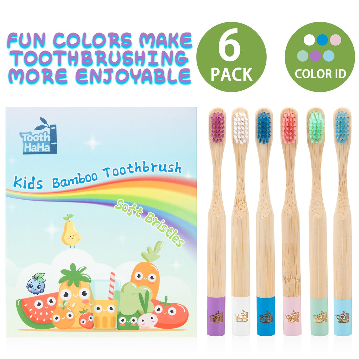 Kids Bamboo Toothbrushes, BPA-Free Soft Bristles, Eco-Friendly Natural Wooden Toddler Toothbrush, 6-Pack Travel Toothbrushes Set for Children
