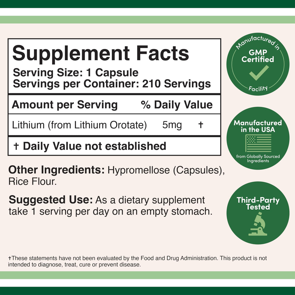 Lithium Orotate 5mg Elemental, Mood + Calm Support, 210 Capsules | Mood + Calm Supplement, 5mg Elemental Lithium, Single-Ingredient (No Blends), Emotional Wellness + Clarity, Vegan