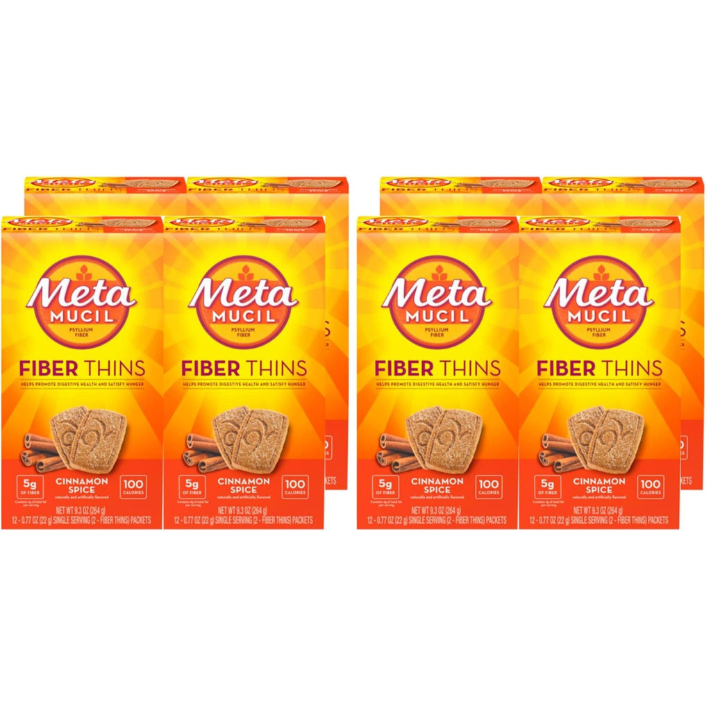 Metamucil Fiber Thins, Daily Fiber Supplement Snack, Psyllium Husk Powder, 5g Fiber per Serving, Supports Digestive Health and Satisfies Hunger, Cinnamon Spice Flavor, pack of 4, 12 Servings each