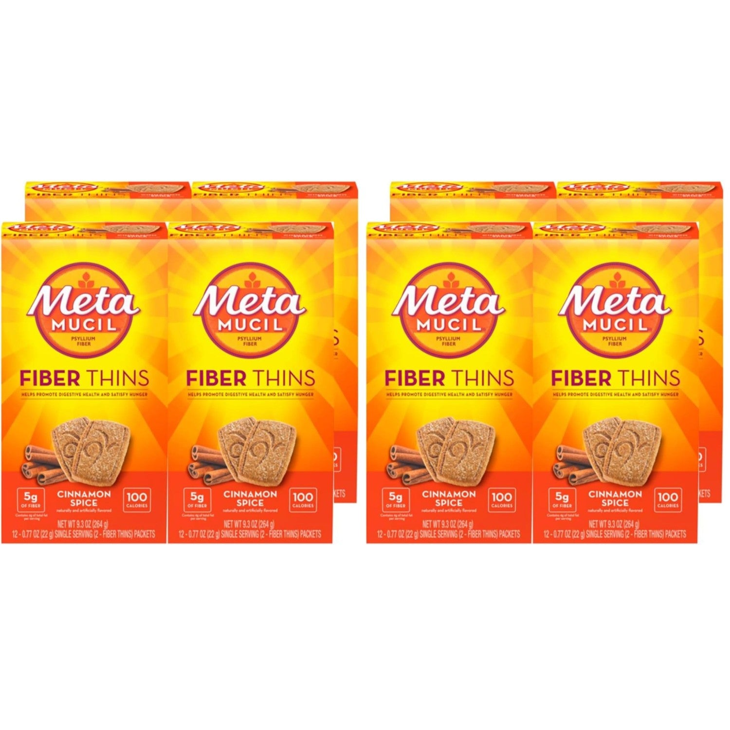 Metamucil Fiber Thins, Daily Fiber Supplement Snack, Psyllium Husk Powder, 5g Fiber per Serving, Supports Digestive Health and Satisfies Hunger, Cinnamon Spice Flavor, pack of 4, 12 Servings each