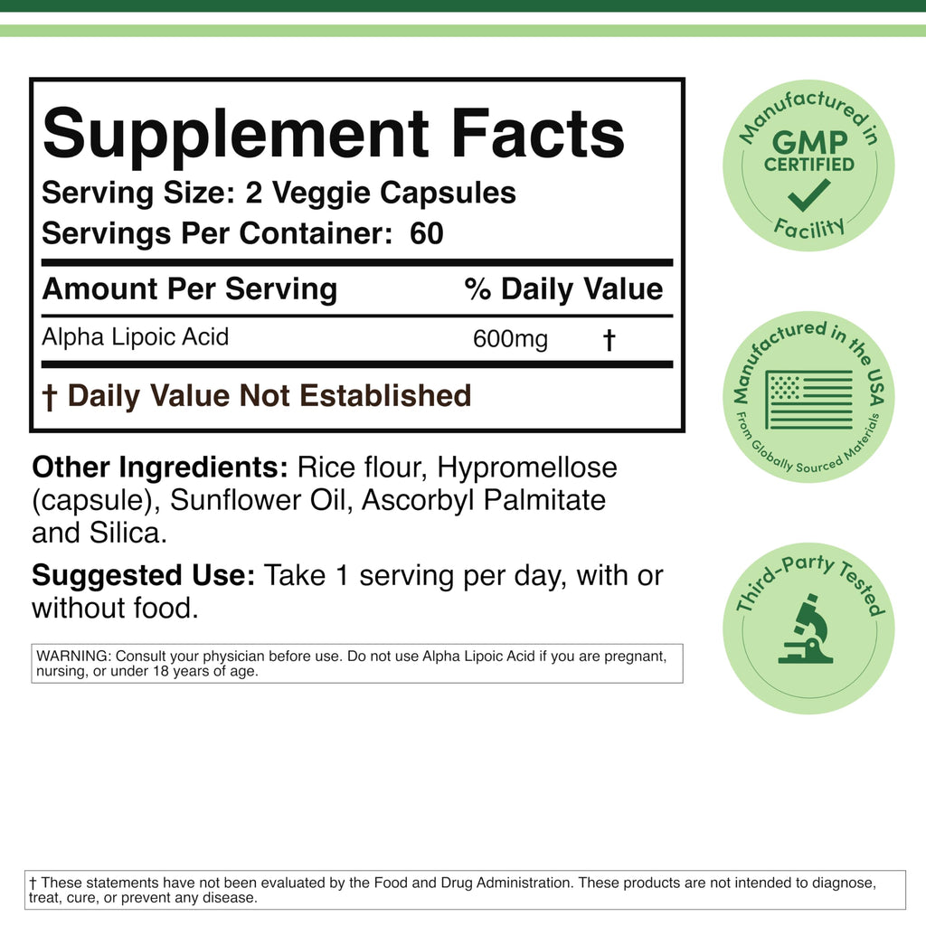 Alpha Lipoic Acid 600mg, Metabolism, Nerve + Energy Support, 120 Capsules | Nerve + Energy Supplement, Potent Antioxidant Neutralizes Free Radicals, Healthy Glucose Support, Non-GMO, 2-Month Supply