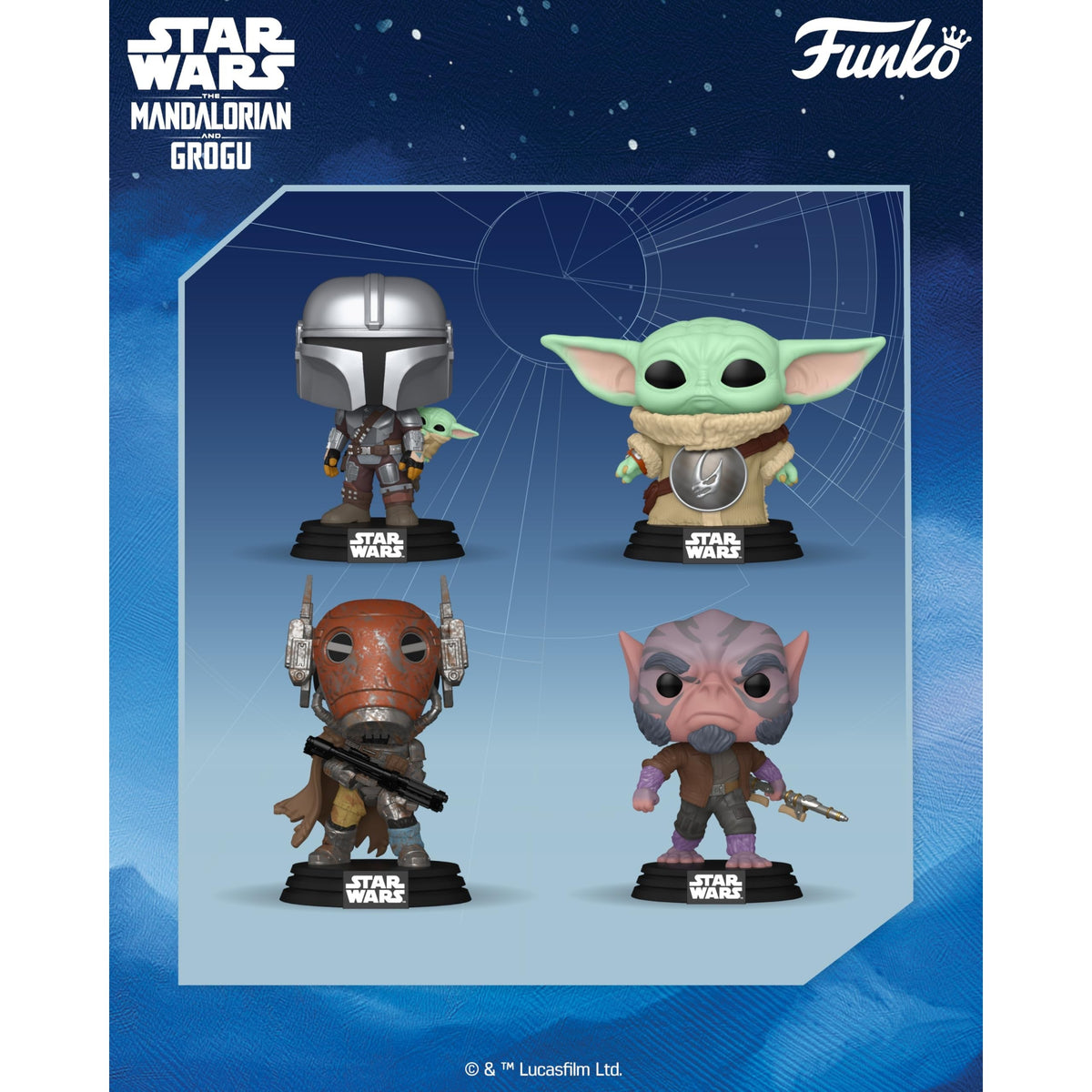 Star Wars Funko Pop! includes Mandalorian and Grogu alongside two other collectible characters, verified by CuratCart.