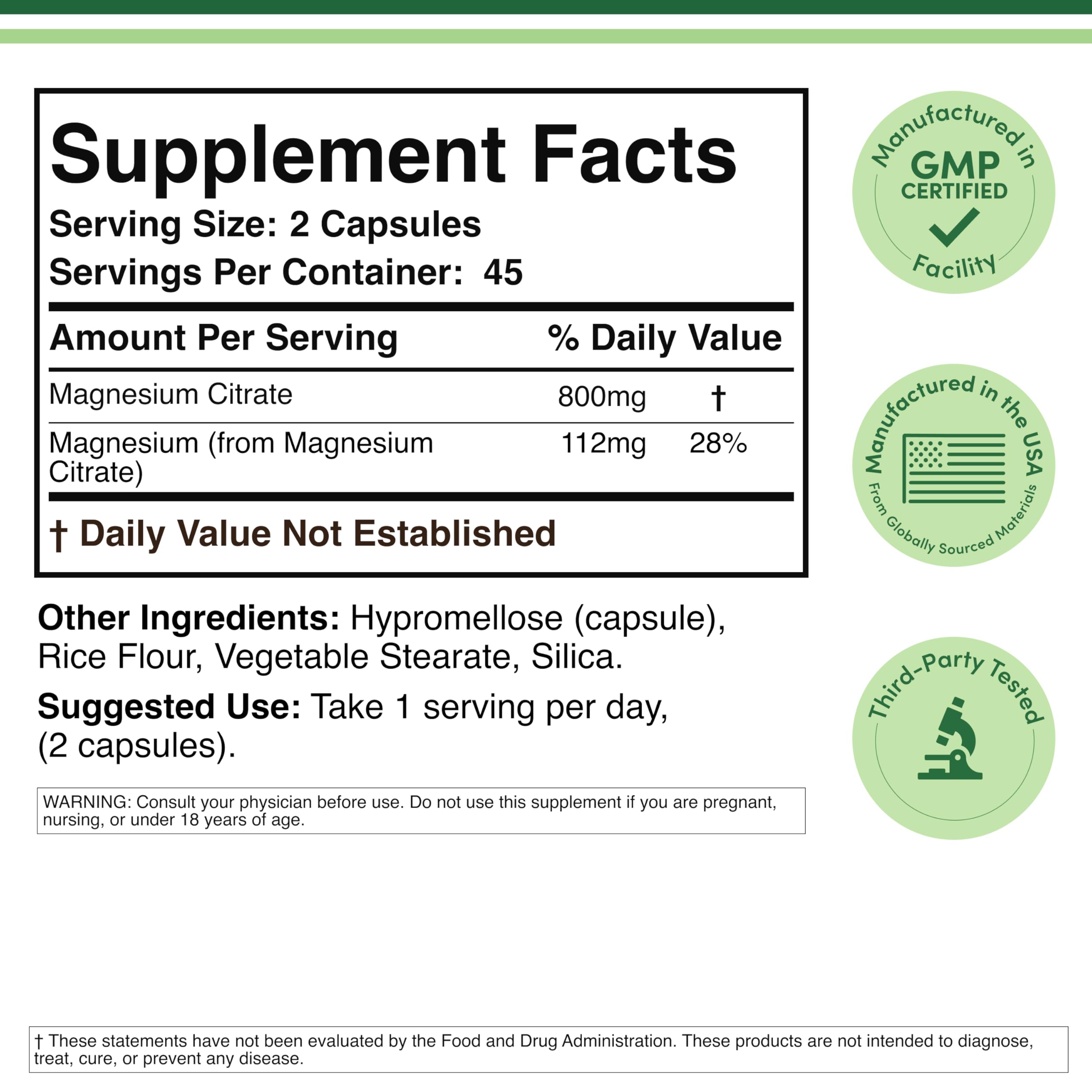 Magnesium Citrate 800mg (112mg Elemental), Regularity, Sleep & Calm, 90 Ct | Gentle Digestive Regularity, Restful Sleep Support, Muscle Relaxation & Calm, Third-Party Tested