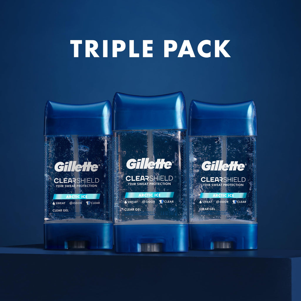 Buy now Gillette Antiperspirant and Deodorant for Men, 72hr Sweat & Odor Protection, Long Lasting Freshness, Anti-White Mark Technology, Clear Gel, Arctic Ice Scent, 3.8 oz (Pack of 3) at indiglob india