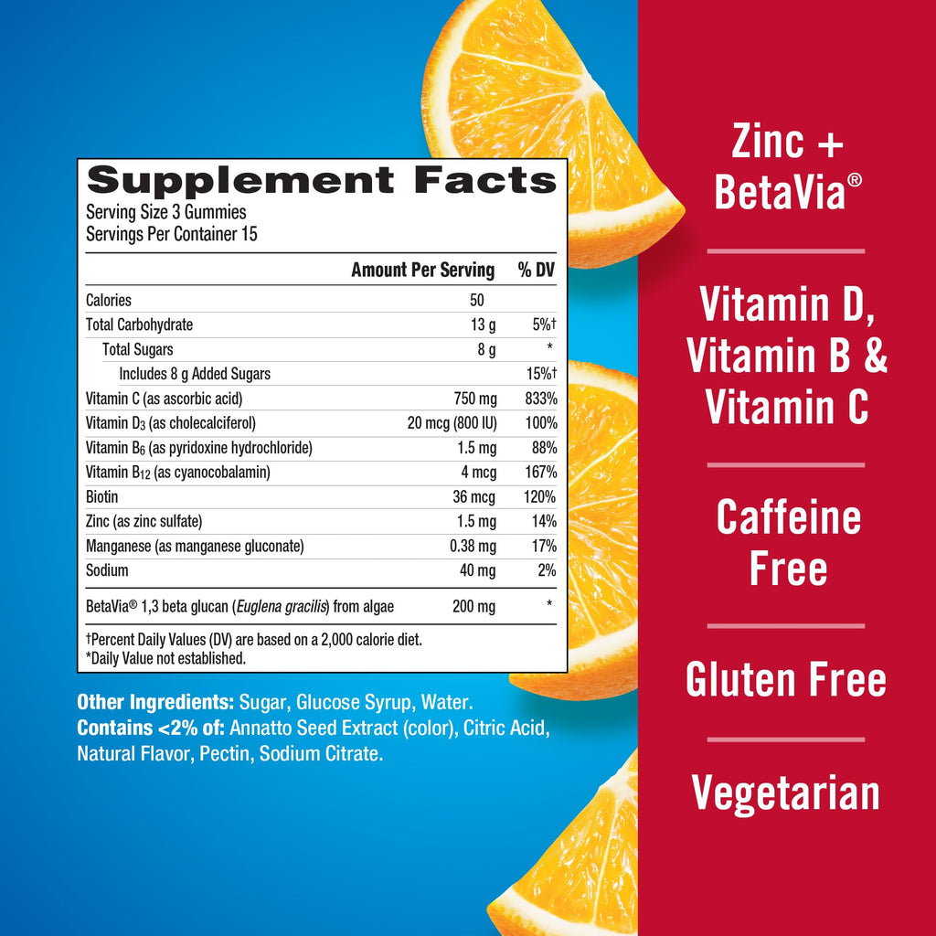 Emergen-C Vitamin C 750mg Immune Support Gummies, Orange, 45 Gummies | BetaVia Immune Plus, Vitamin D, B Vitamins, Zinc and Manganese, Triple Action, Chewable Gummies