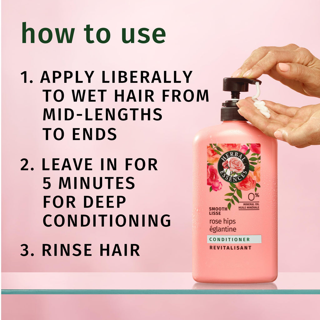 Herbal Essences Conditioner, Rose Hips- Smooth Collection, Shiny Hair with Vitamin E & Jojoba, Safe for Color Treated Hair, Floral Scent, Cruelty-Free, Dermatologist-Tested, 29.2 Fl Oz