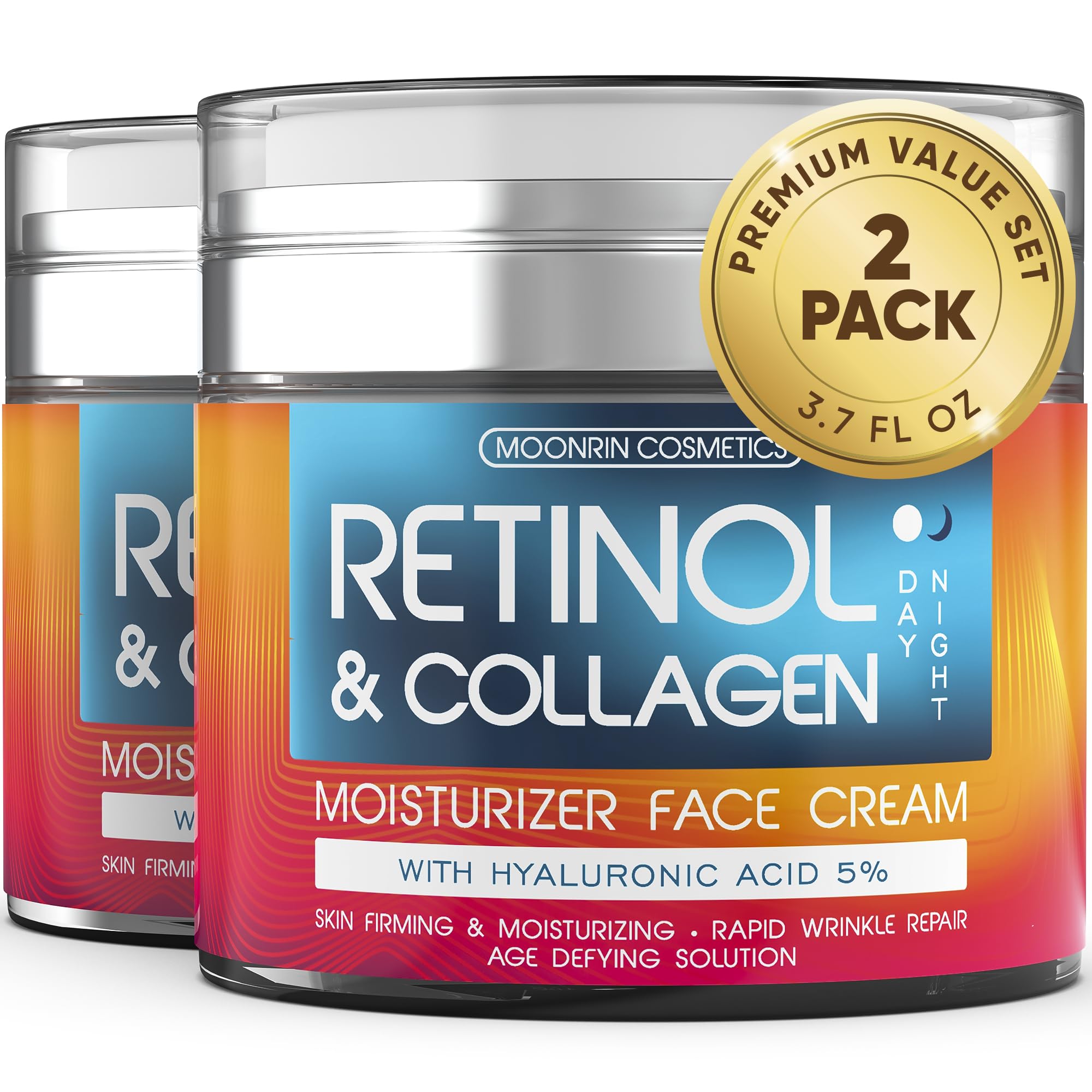 Retinol Cream for Face with Hyaluronic Acid, Day-Night Anti-Aging Moisturizer for Women, Men, Collagen Cream for Face Reduces Wrinkles, Dryness, 1.85 Oz