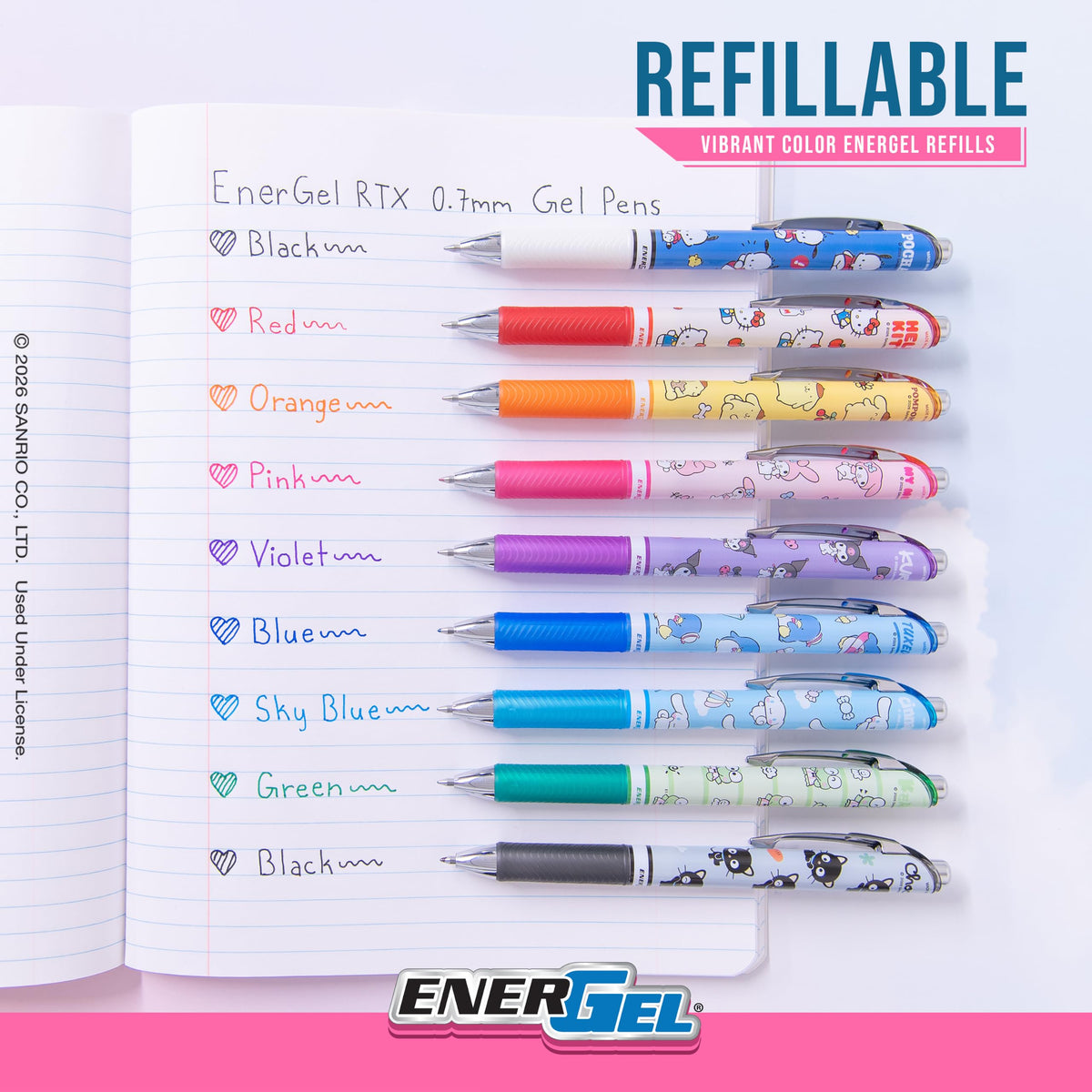 Pentel EnerGel RTX Liquid Gel Pen, Hello Kitty® and Friends, Limited Edition, Mix 2, 0.7mm, Med Line, Assorted Ink, 5-Pk (BL77HKPF5M1)